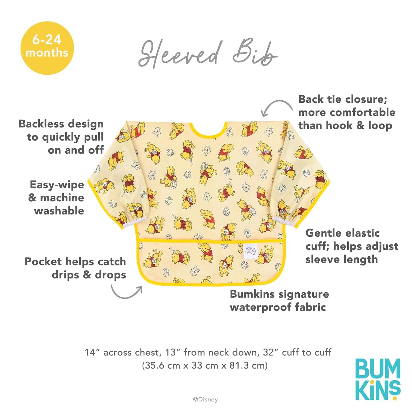 Bumkins Disney Sleeved Bib for Girl or Boy, Baby and Toddler for 6-24 Mos, Essential Must Have for Eating, Feeding, Baby Led Weaning, Long Sleeve Mess Saving Food Catcher, Winnie the Pooh Hunny