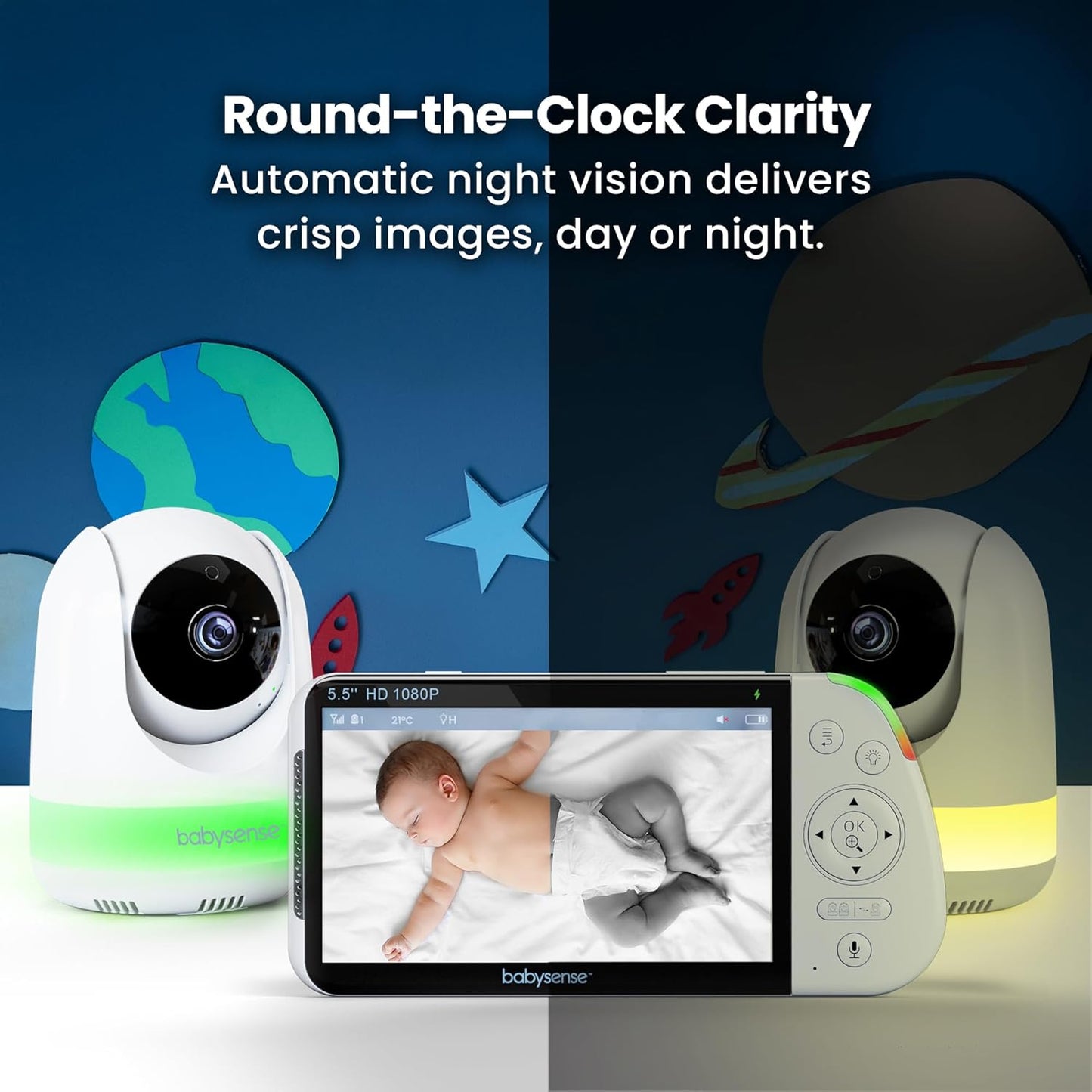 Babysense Full HD 5.5" Split Screen Baby Monitor with Camera and Audio, 6-Color Night Light, White Noise, Sound & Light Machine, 20-Hour Battery, Hack-Proof Non-WiFi Secure Connection
