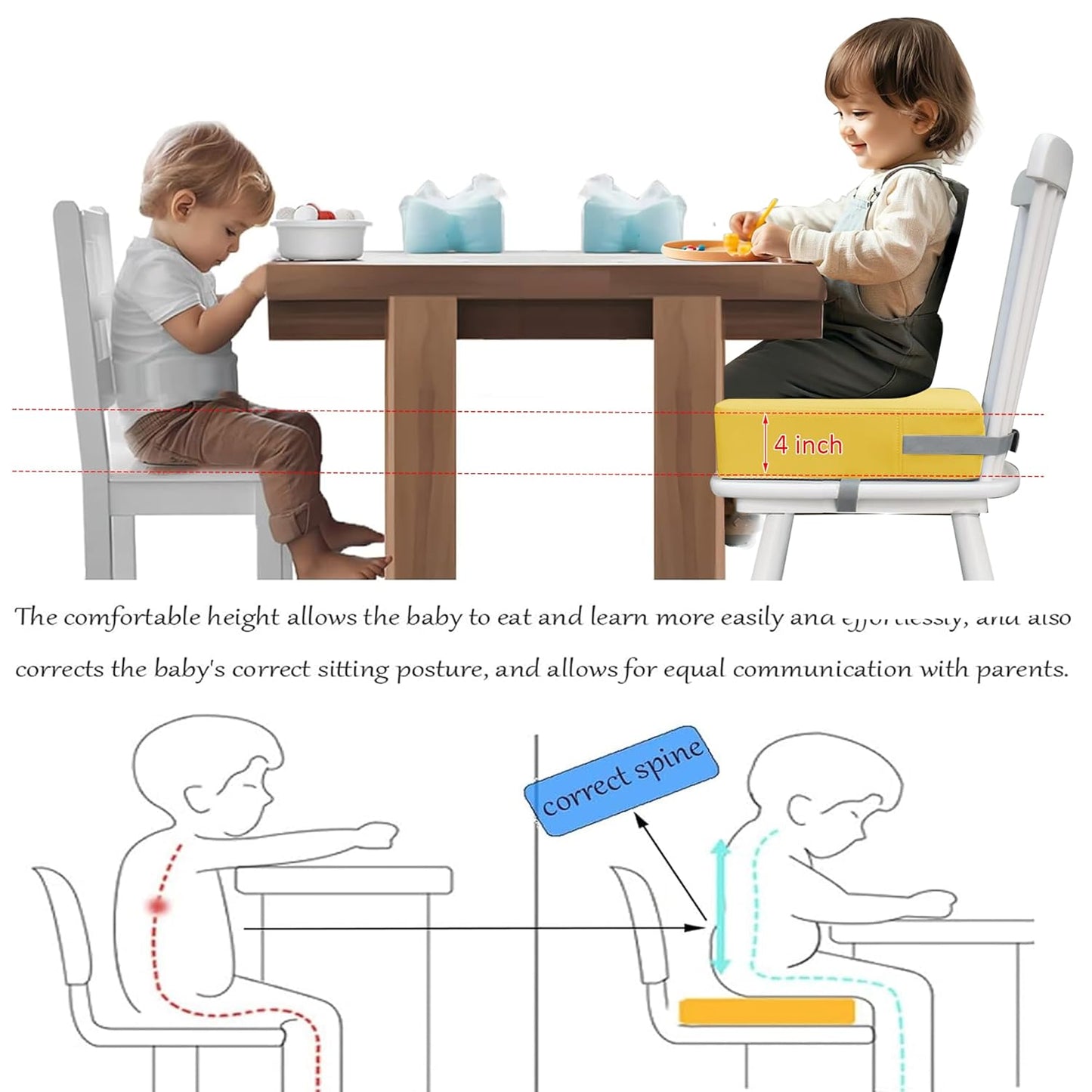 Toddler Booster Seat for Dining Table, 2 Elastic Seat Belts, Anti Scratch PU Skin-Friendly, Waterproof, Anti-Wrinkle, Detachable Non-Slip Bottom - Yellow