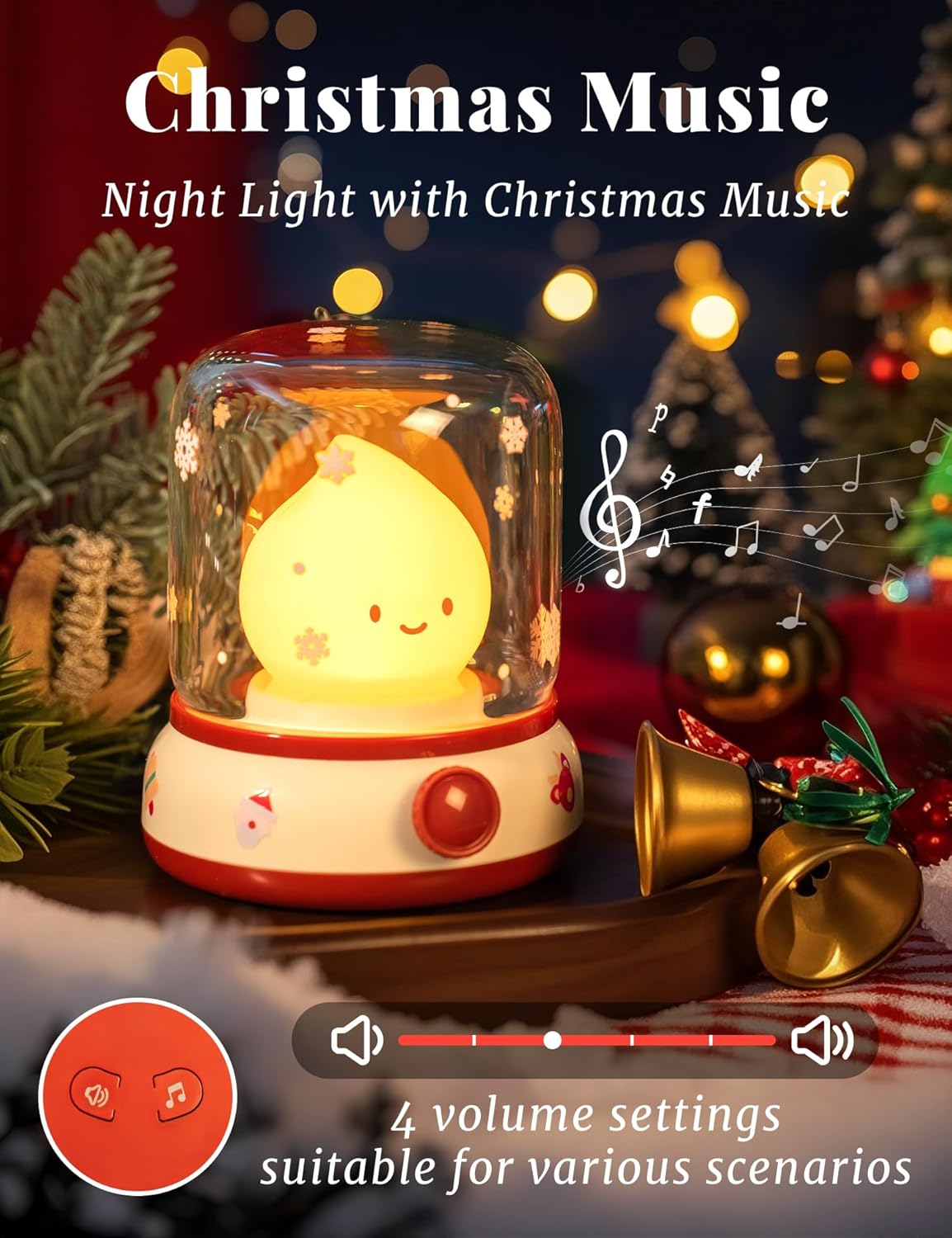 Christmas Night Light Music Box for Kids, Cute White Noise Machine Gift, Dimming, Rechargeable Portable Small Table Lamp, Best Idea for Christmas Gift Decoration