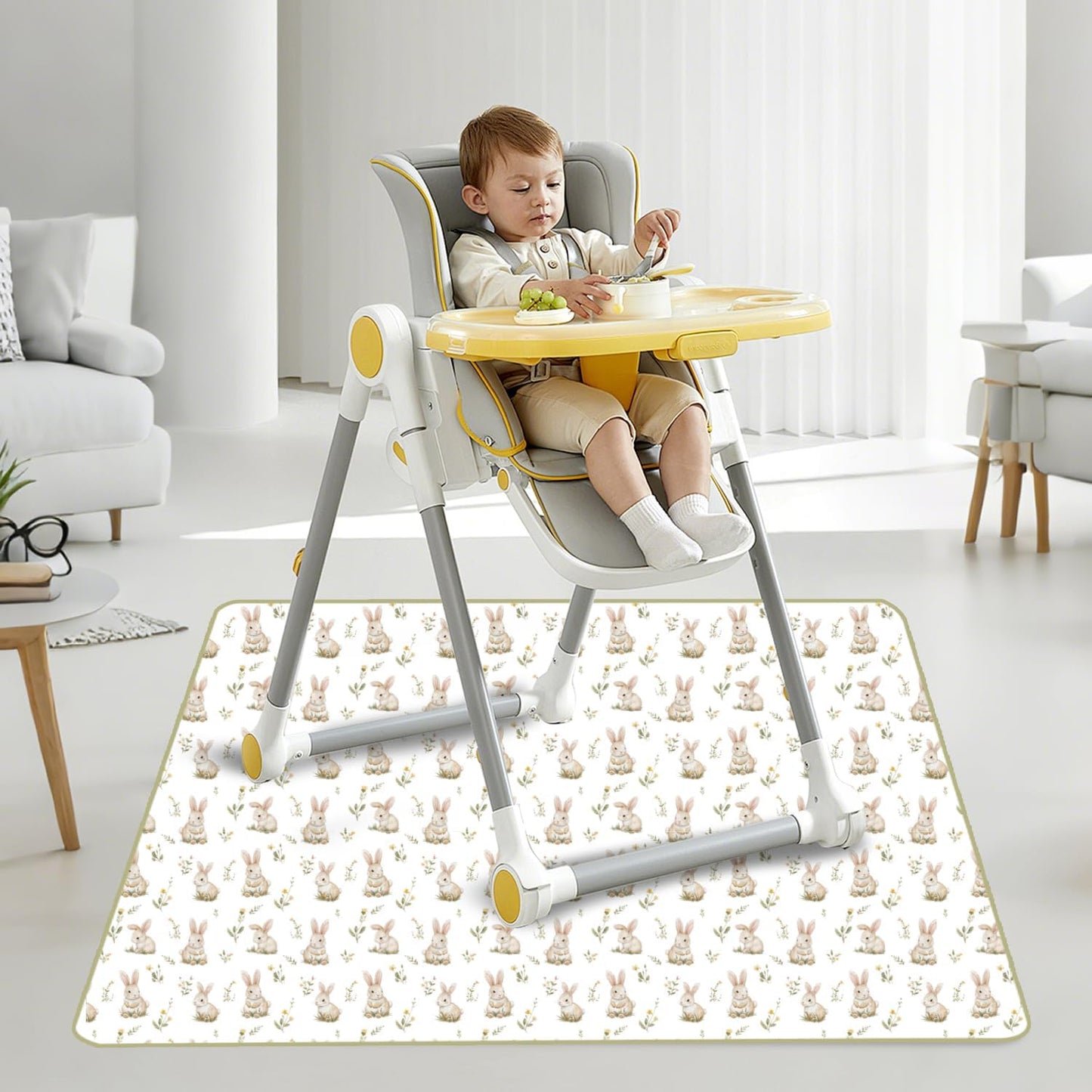 Baby Splat Mat for Under High Chair, 51 x 51 Inch Wipeable Splash Mat，Floor Protector，Wipe-Clean Tablecloth and Playing Mat (Rabbit)