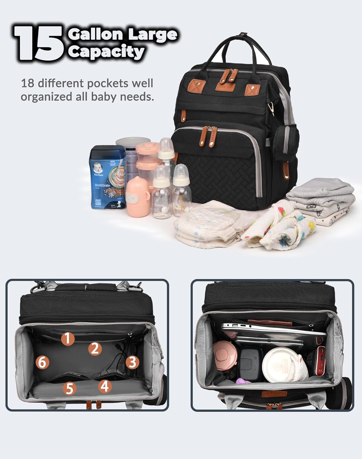 Baby Diaper Bags with Changing Station, Waterproof Diaper Bag Backpack for Moms Dads with USB Charging Port, Baby Shower Gifts, Large Capacity diaper backpack, Black