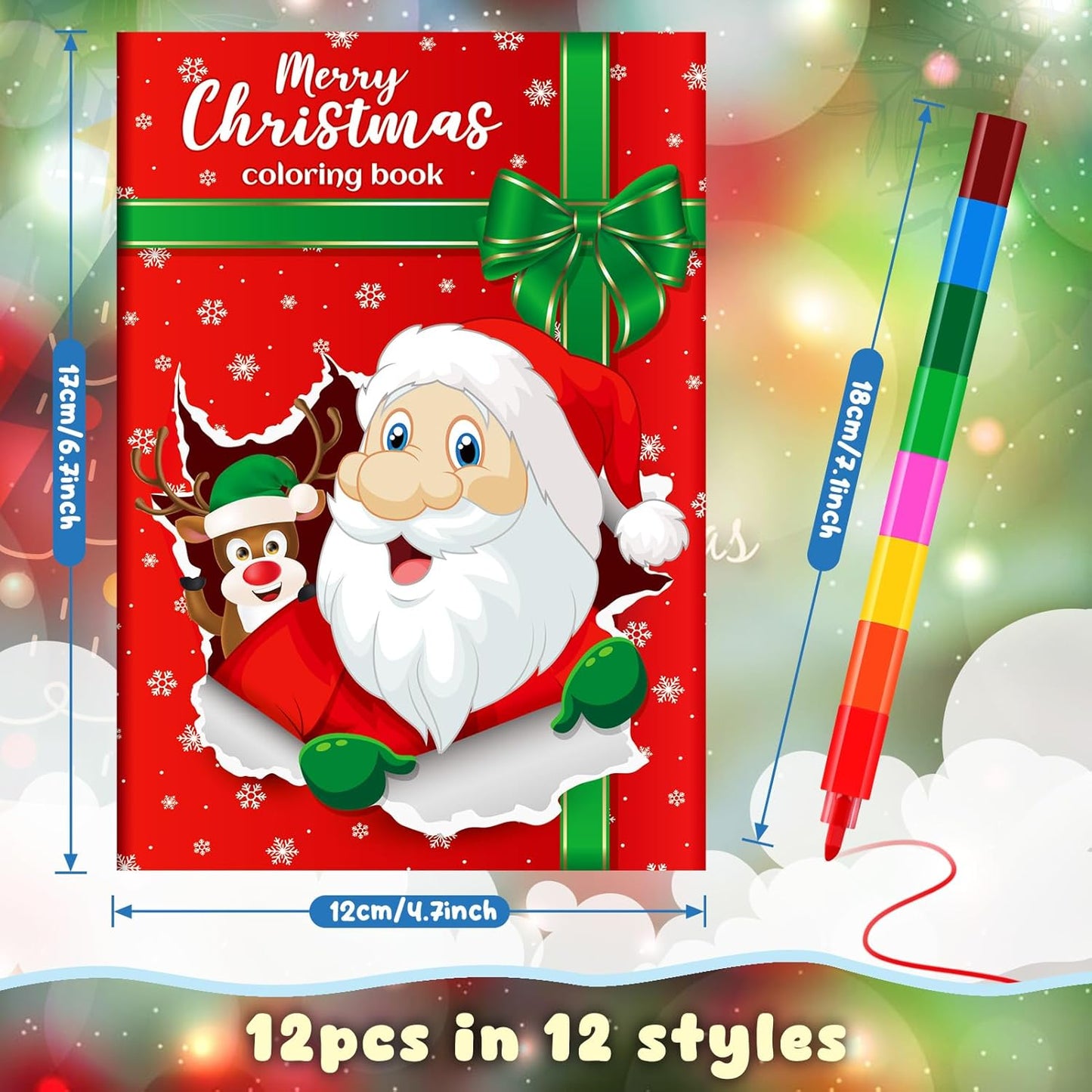 BenLouis 12 Christmas Mini Coloring Books Kids with 12 Stacking Crayons Christmas Theme Party Favors Small Activity Books Bulk for Kids Holiday Party Gift Goodie Bag Stuffers