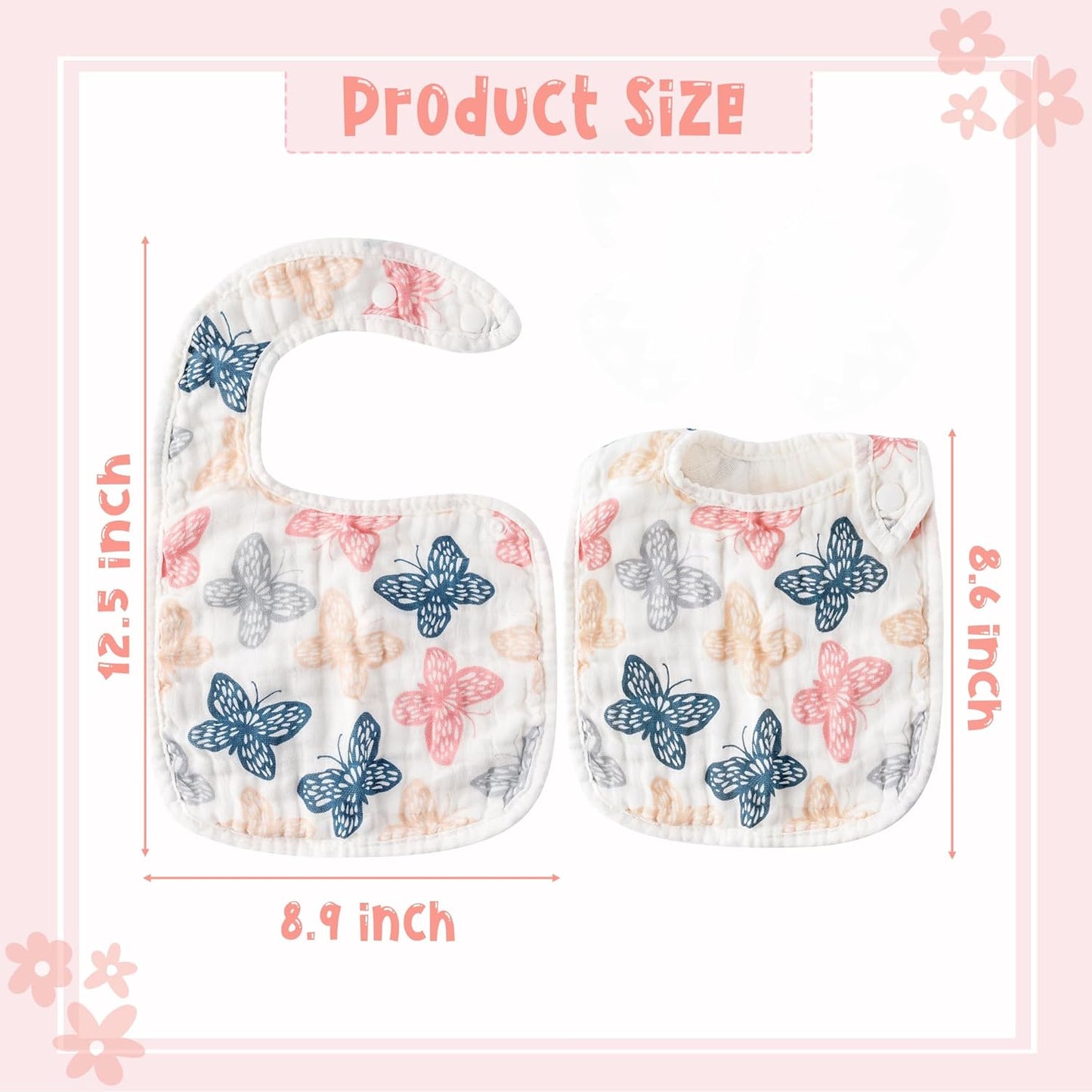 Zainpe 6Pcs Snap Muslin Cotton Baby Bibs Spring Butterflies Flowers Bib with 6 Absorbent Soft Layers Adjustable Burp Cloths for Infant Girl Boy Toddler Drooling Eating Teething Feeding 0 to 24 Months