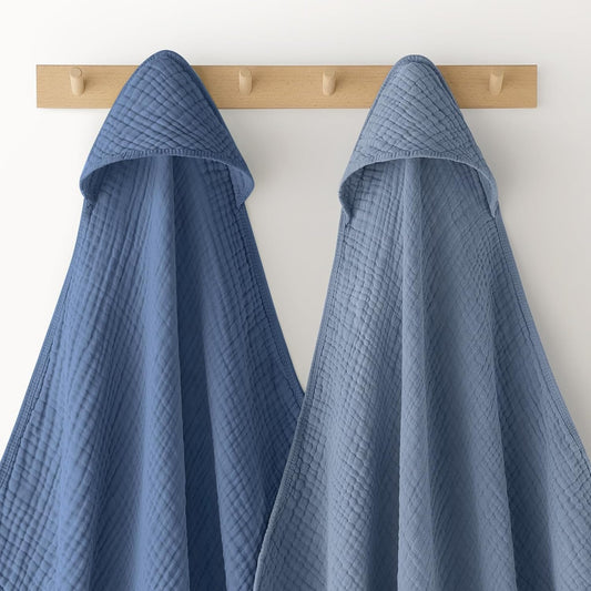 Looxii Baby Bath Towels 2 Pack Muslin Hooded Baby Towels for Newborn and Infants, 100% Cotton, Large 32x32Inch, Soft and Absorbent Gradient Blue