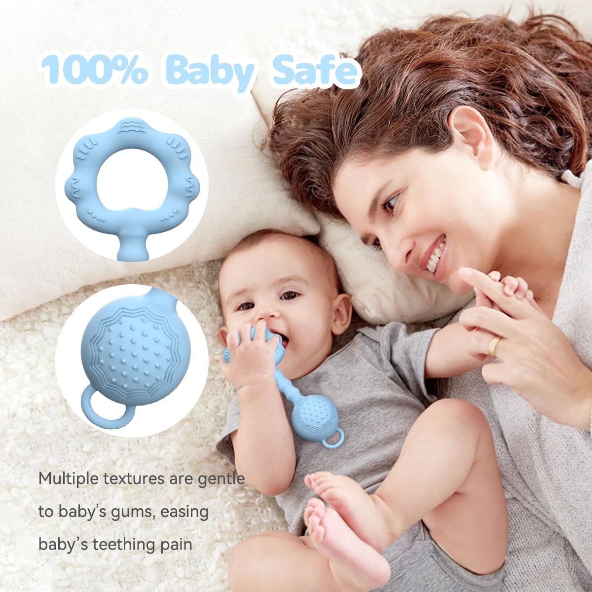 Teethers for Babies 6-12 Months, Rattles for Babies 0-6 Months, 2-in-1 Rattle and Teether Toy for Soothing Sore Gums and Keeps Little Ones Entertained, Food Grade Silicone, Blue
