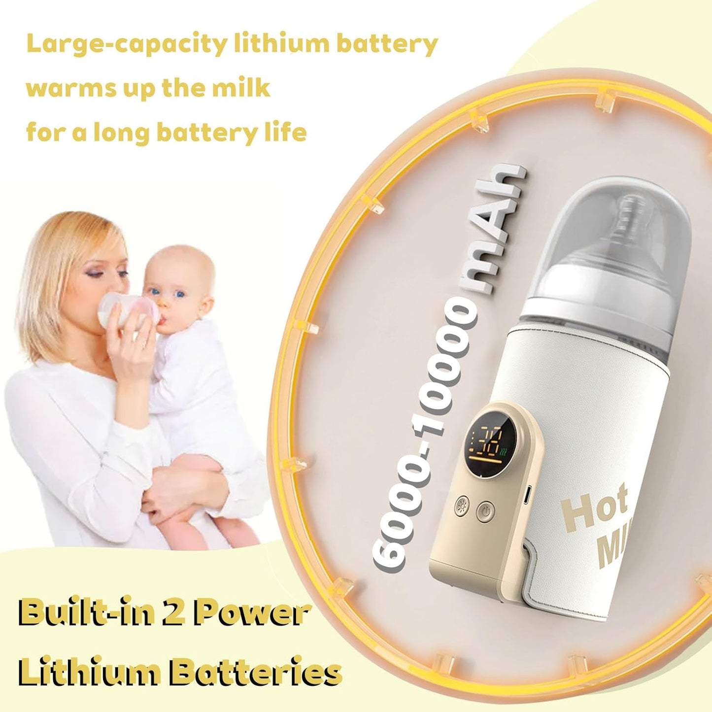 Bottle Warmer on the go,Comfortable Car Waterless Breastmilk Heater,Rechargeable Portable Milk Warmer for Travel,Fast Warming,Long-Lasting Warming up to 6-10H (10000 mAh)