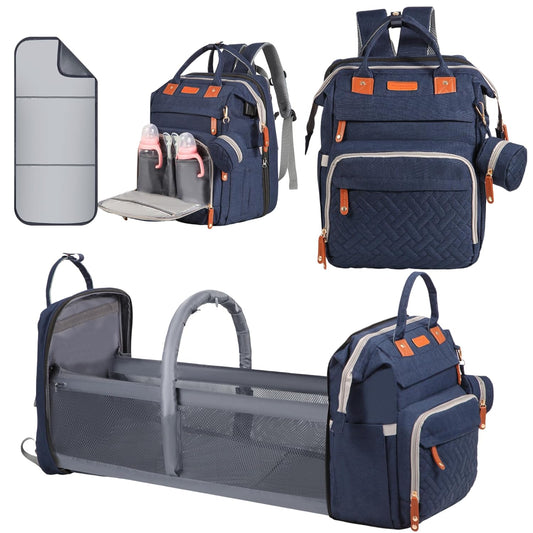 Baby Diaper Bag Backpack, with Diaper Changing Station, Multi-functional Travel Diaper Waterproof Backpack, for Baby Boys and Girls, Folding Portable Nappy Changing Mat and Sun Canopy(Large Blue)