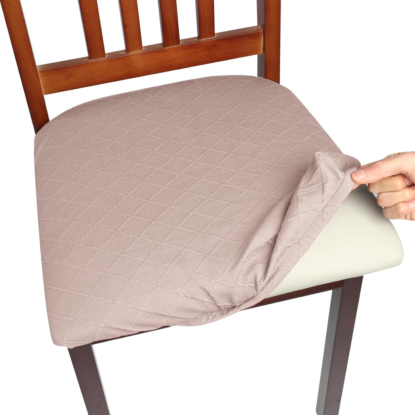 Yikko Chair Seat Covers, High-Density Check Jacquard Ekedalen Seat Covers for Dining Kitchen Restaurant Banquet, Stretch Removable Washable Chair Seat Cushion Protector (6, Light Tan)
