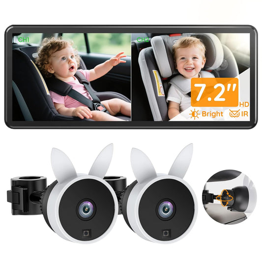 Babyvue BV3PRO 7.2" Dual Car Camera Baby Monitor, 1080P HD Split Screen, IR Night Vision, Double Car Camera for 2 Baby, Easy Setup for Carseat, Perfect for Family Travel, Pet Friendly