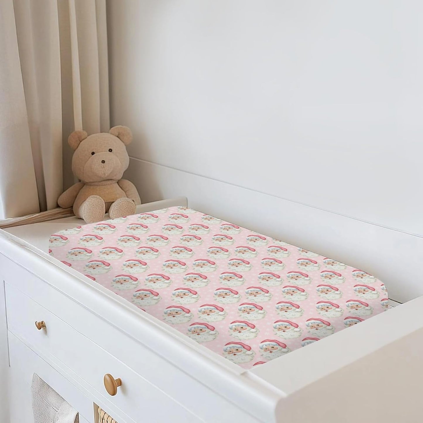 Vintage Christmas Santa Claus Snowflakes Baby Changing Pad Covers for Boys Girls Pink Santa Fitted Changing Table Cover Mats Winter Holiday Festive Soft Diaper Change Table Cover Sheets 32''×16''