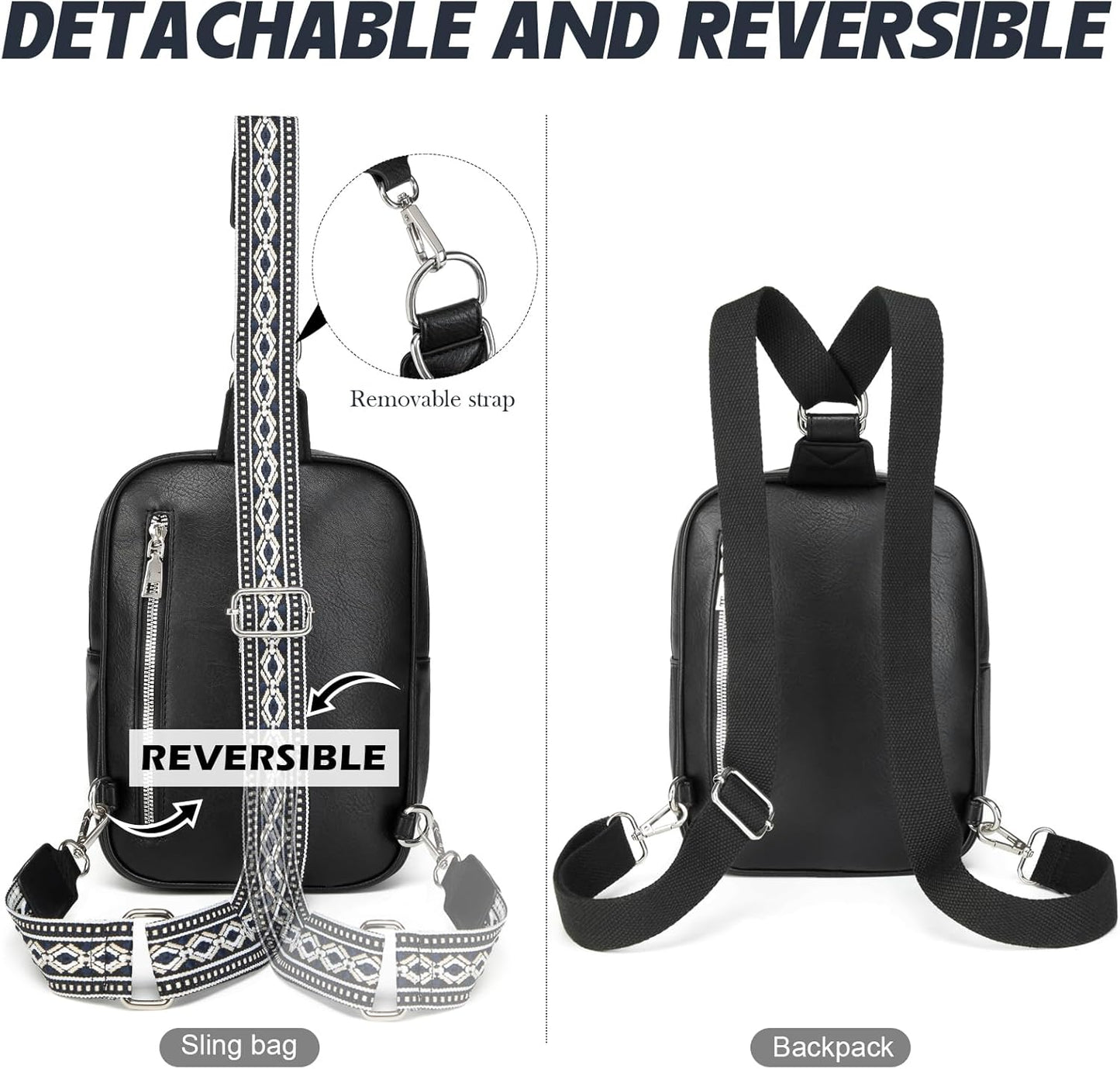 Sling Bag Crossbody Backpack - 2 in 1 Leather Cross Body Bag Fanny Pack with 2 Removable Straps