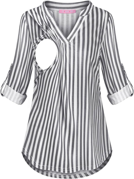 Joymom Maternity Rolled Long Sleeve Nursing Tops Tunic Blouses Breastfeeding