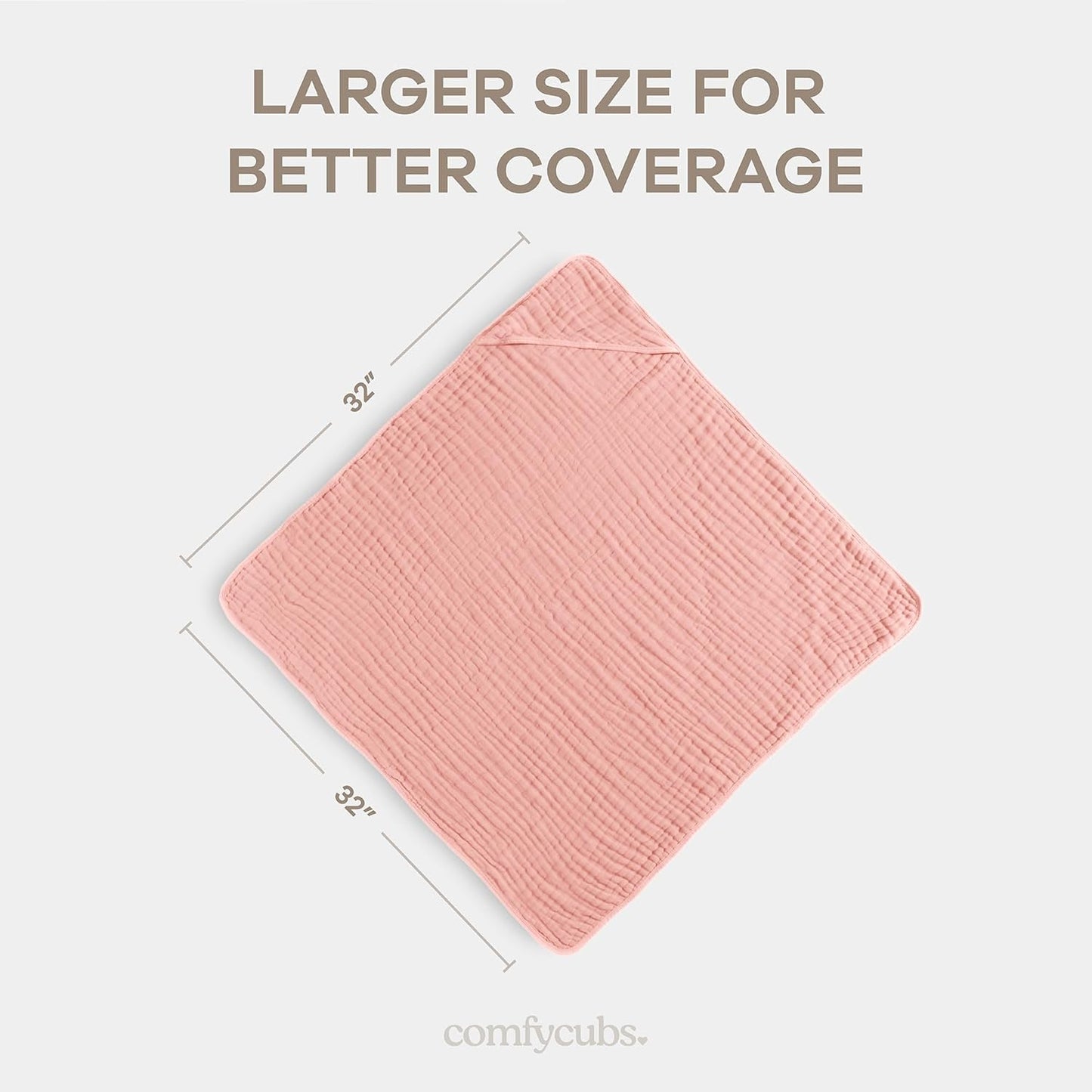 Comfy Cubs Hooded Baby Towel 1-Pack, Large 32 x 32 Inch - 6 Layer 100% Muslin Cotton for Babies, Toddlers and Kids - Soft & Absorbent Baby Bath Towels - Unisex Design for Bath Time - Bold Blush