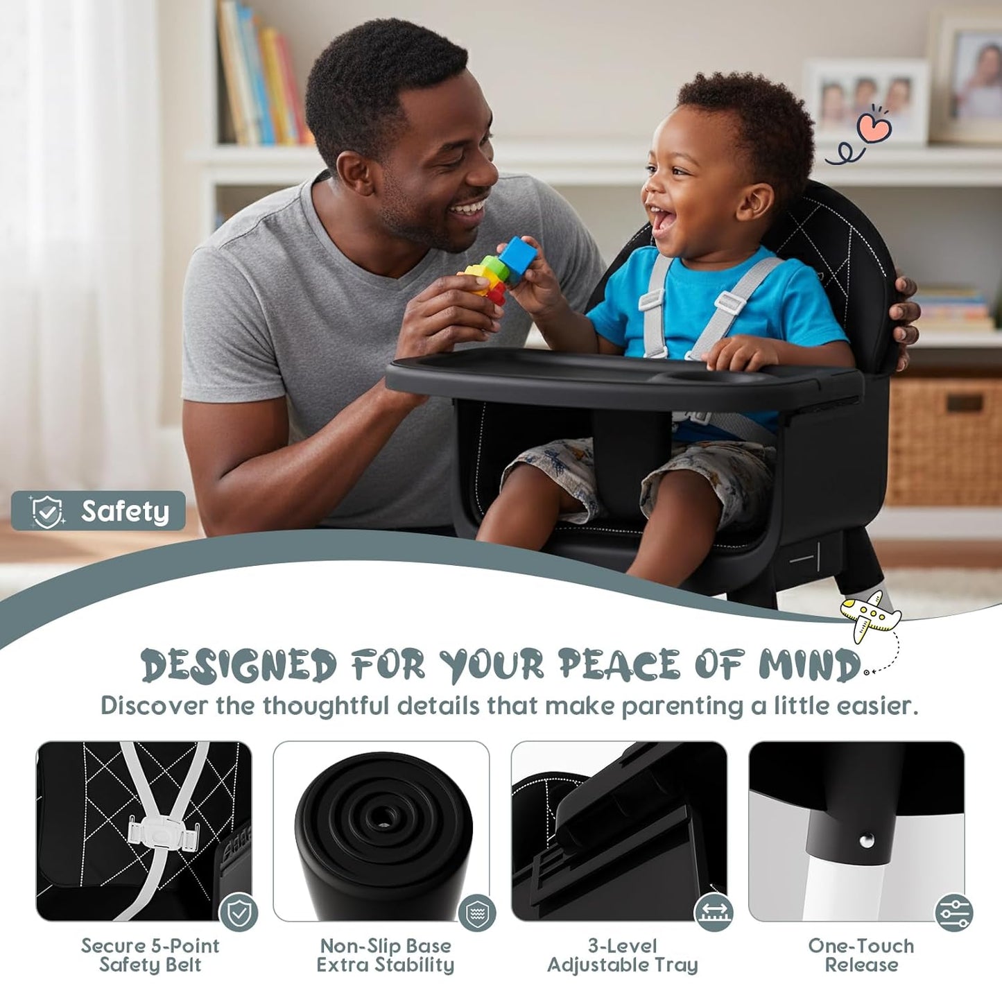 6 in 1 Baby High Chair, Convertible Highchair for Babies and Toddlers (Black)