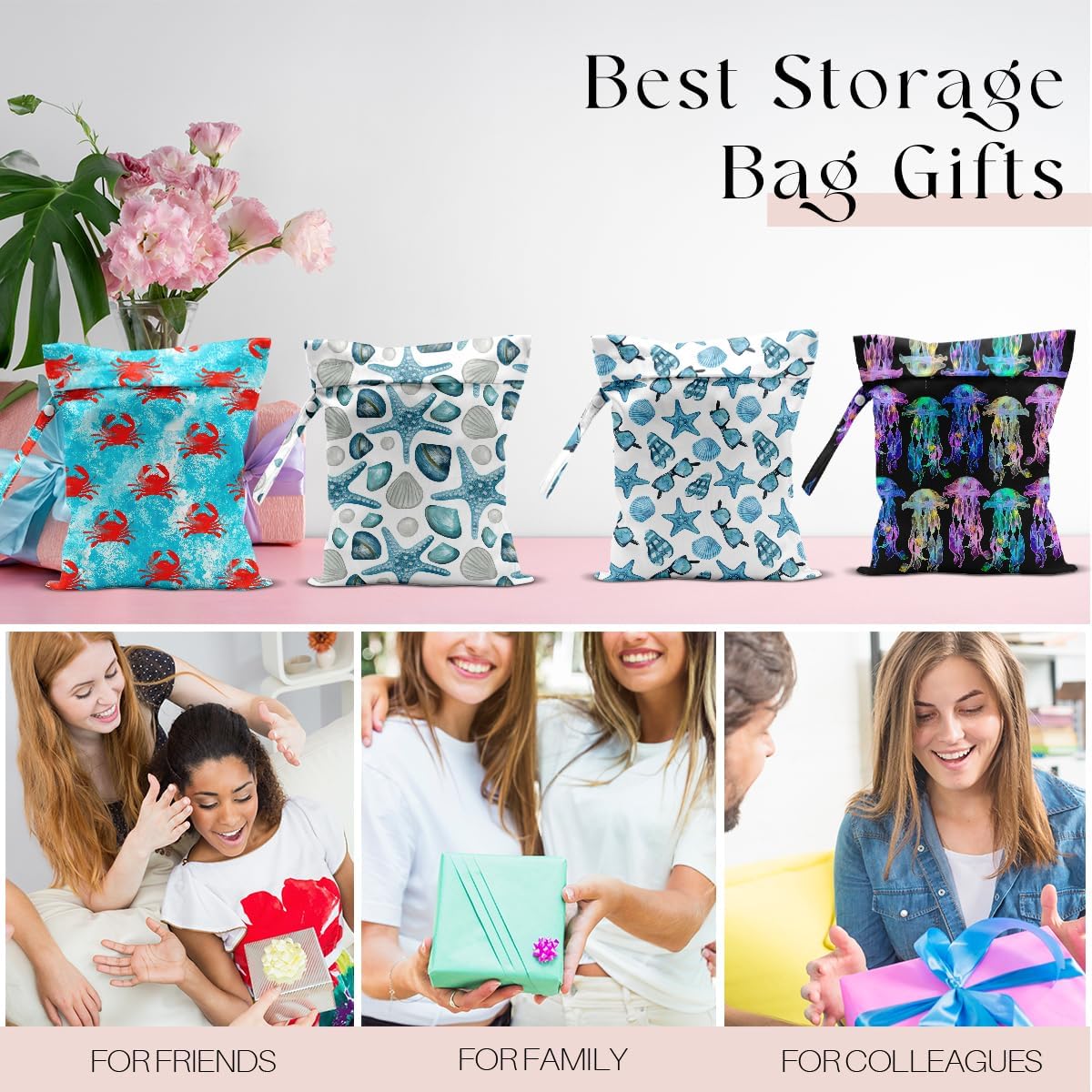 4 Pack Wet Bag for Swimsuit, Beach Travel Essentials Wet Dry Bag, for Sunscreen Toiletry Dirty Clothes Yoga Gym Diaper, Friend Summer Beach Vacation Gifts. Crabs, starfish, jellyfish
