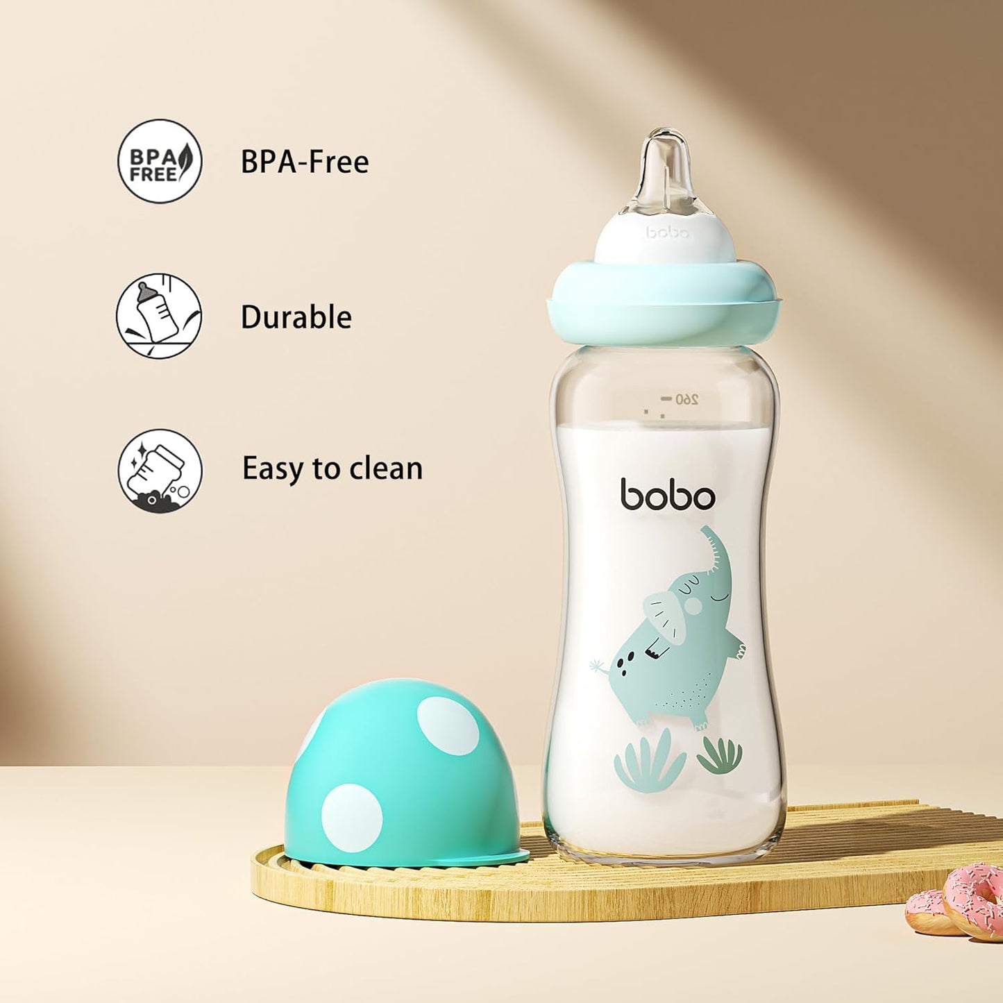 YOHKOH Natural Glass Baby Bottle with Natural Response Nipple, Newborn Anti-Colic Baby Bottles, Wide Neck Mushroom Cap Baby Bottle, Clear (8.8ounce (Pack of 2), Blue2)