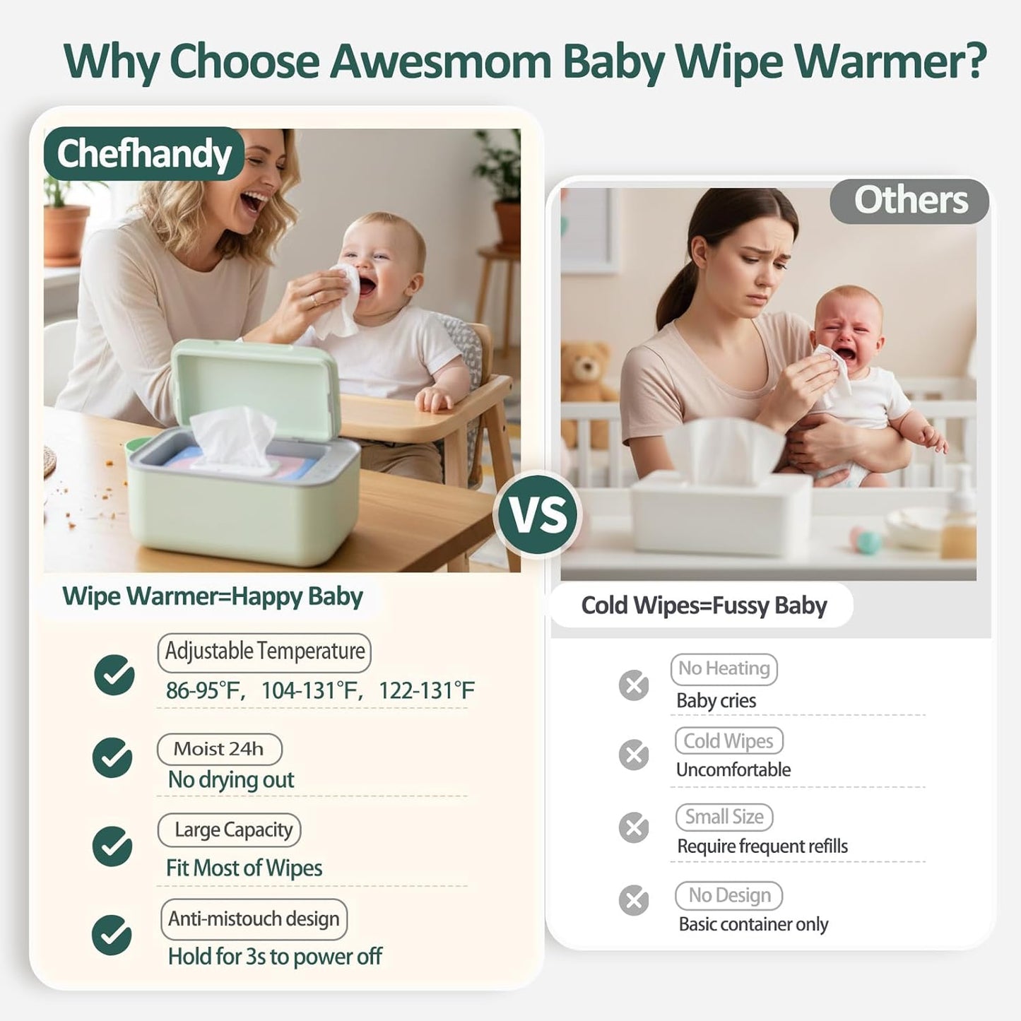 Baby Wipe Warmer, 3-Level Temperature Control, Quiet and Even Heating, Large Capacity for Diaper Changes – Green