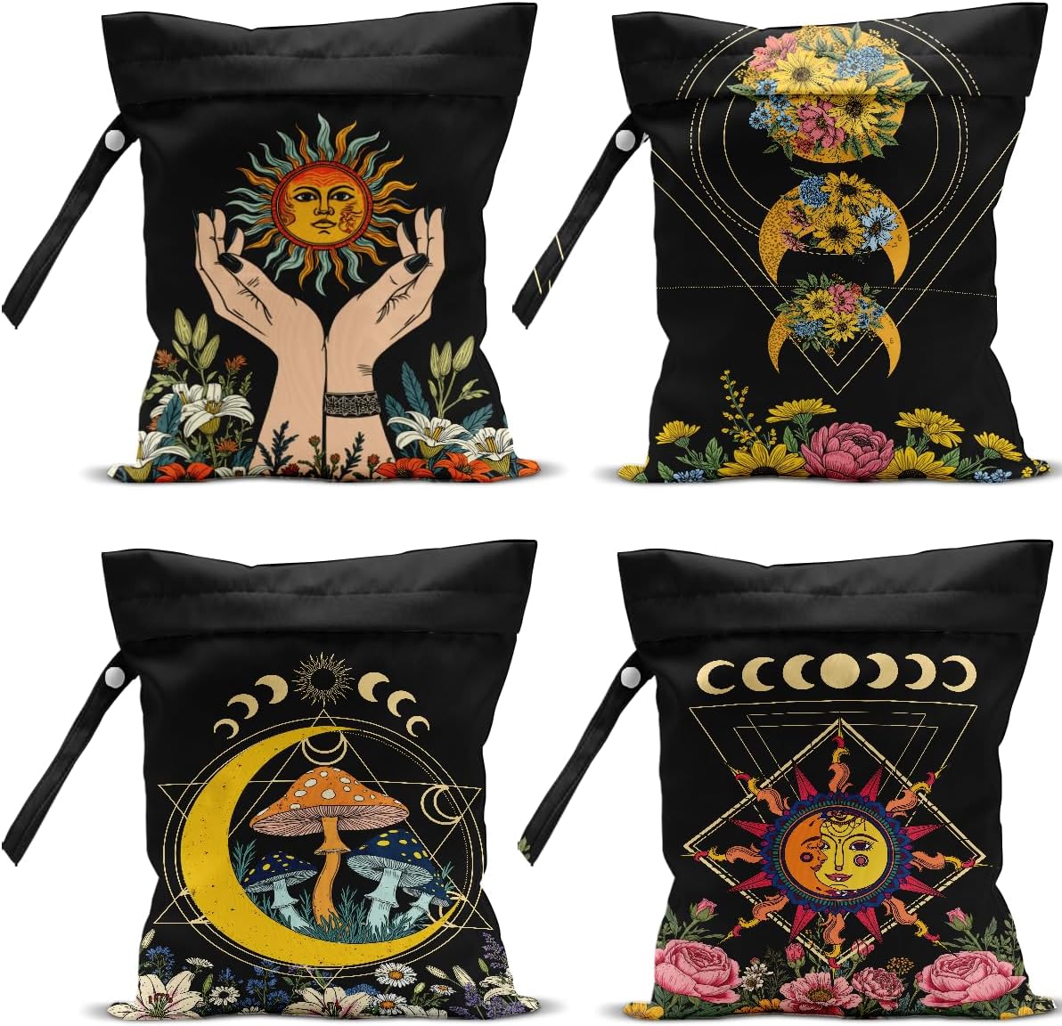 4Pack Witchy Gifts Boho Wet Bag Waterproof Reusable Wet Dry Bag for Swimsuit Diaper Sun Moon Star Butterfly Mushroom Floral Travel Yoga Toiletries Gift for Women Mom Birthday Christmas Halloween