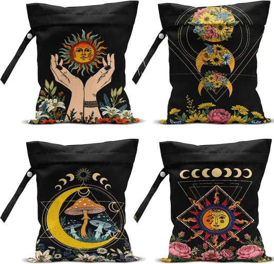 4Pack Witchy Gifts Boho Wet Bag Waterproof Reusable Wet Dry Bag for Swimsuit Diaper Sun Moon Star Butterfly Mushroom Floral Travel Yoga Toiletries Gift for Women Mom Birthday Christmas Halloween