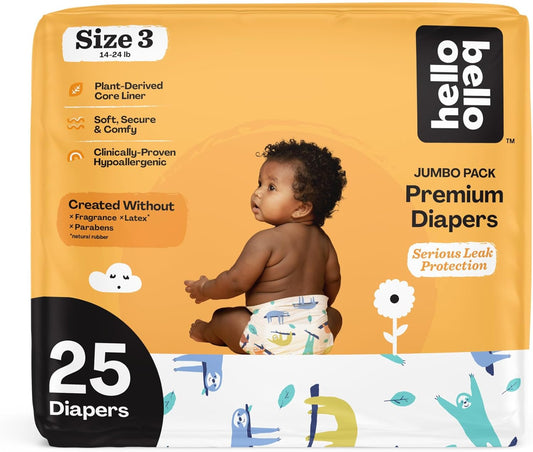 Hello Bello Premium Baby Diapers Size 3, 25 Count of Disposable, Extra-Absorbent, Hypoallergenic Baby Diapers with Snug and Comfort Fit, Sleepy Sloth