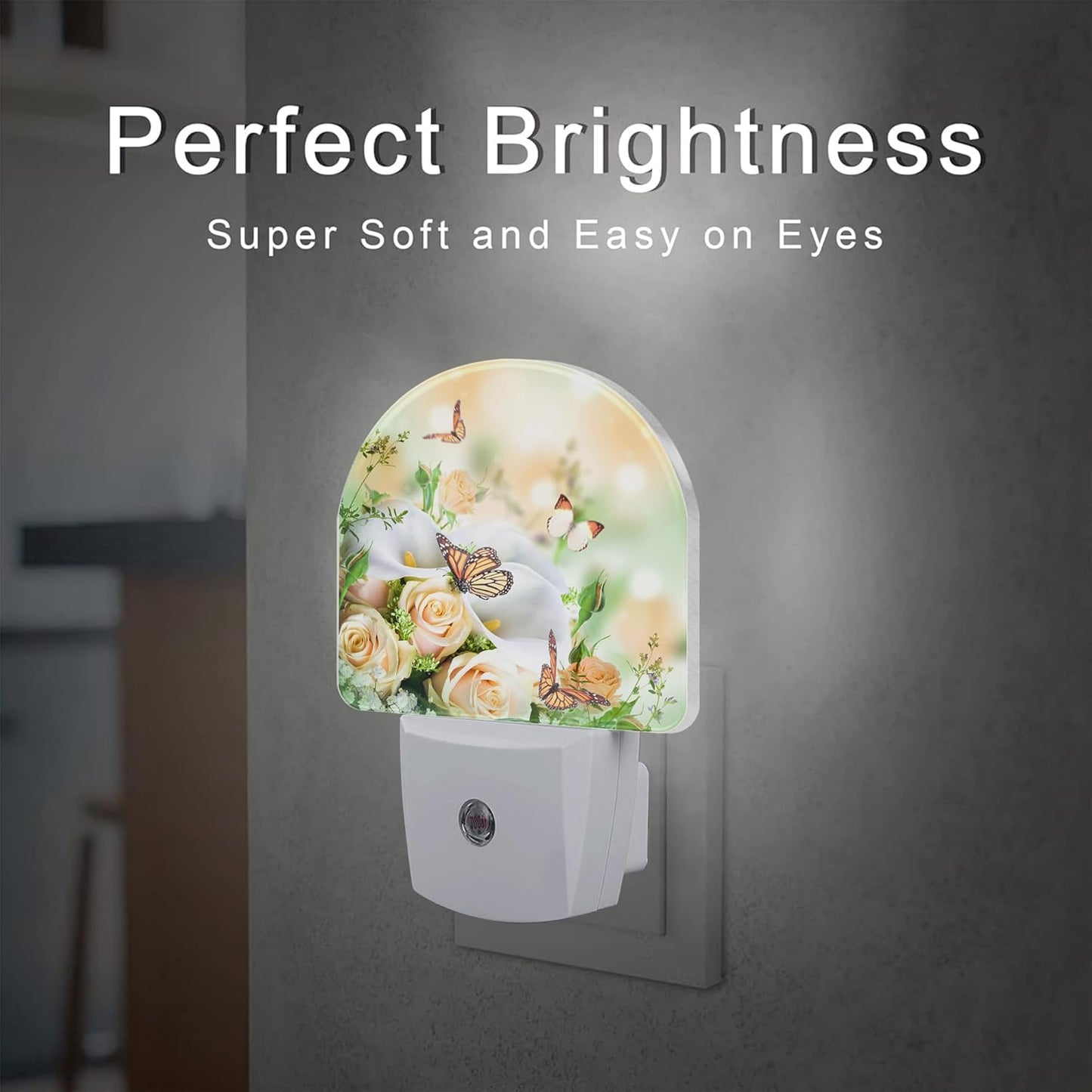 Yellow Rose Flowers Butterfly Night Light Plug into Wall, Spring Floral Butterflies Dusk to Dawn Night Light Plug in,0.5w Energy Saving Sleep Friendly NightLight for Kids Boys Girls Home Decor