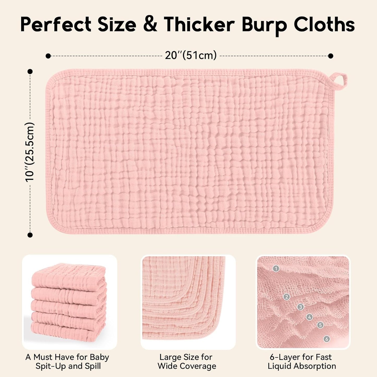 Muslin Burp Cloths for Baby 100% Cotton Burping Cloths for Boys Girls Large 20''X10'' Extra Soft and Absorbent 12 Pack - Flesh Pink