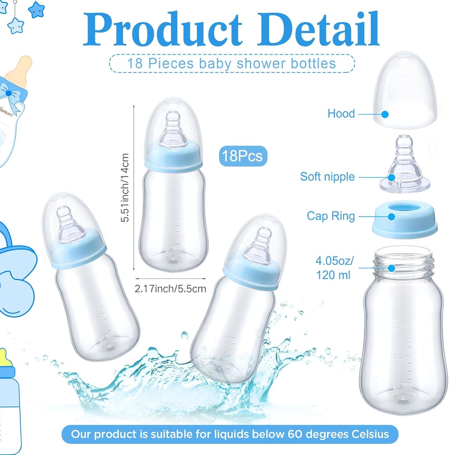 Roowest Bottle Chug Baby Shower Game Favors Including Moon Star Theme Wooden Sign and 18 Pcs Baby Bottles for Gender Reveal Party Supplies