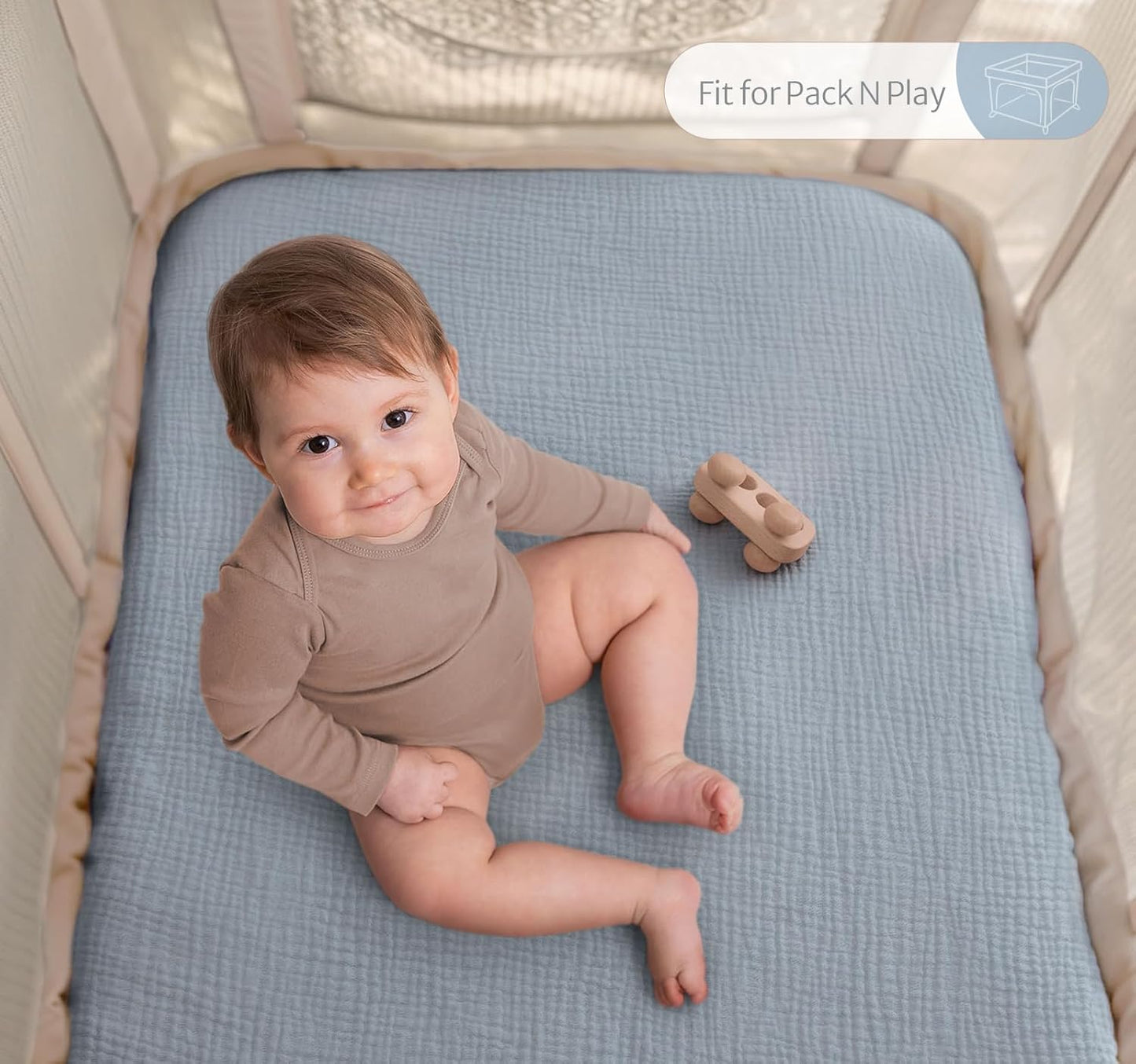 Blissful Diary Muslin Mini Crib Sheets, Pack and Play Mattress Sheets Fitted for Pack N Play, Soft Cotton for Boys Girls, 2 Pack(Light Blue&Grey)