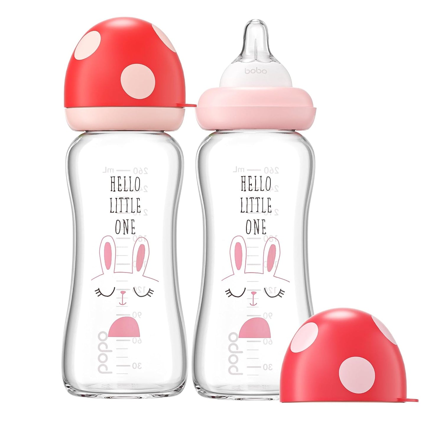 YOHKOH Natural Glass Baby Bottle with Natural Response Nipple, Newborn Anti-Colic Baby Bottles, Wide Neck Mushroom Cap Baby Bottle, Clear (8.8ounce (Pack of 2), Red1)