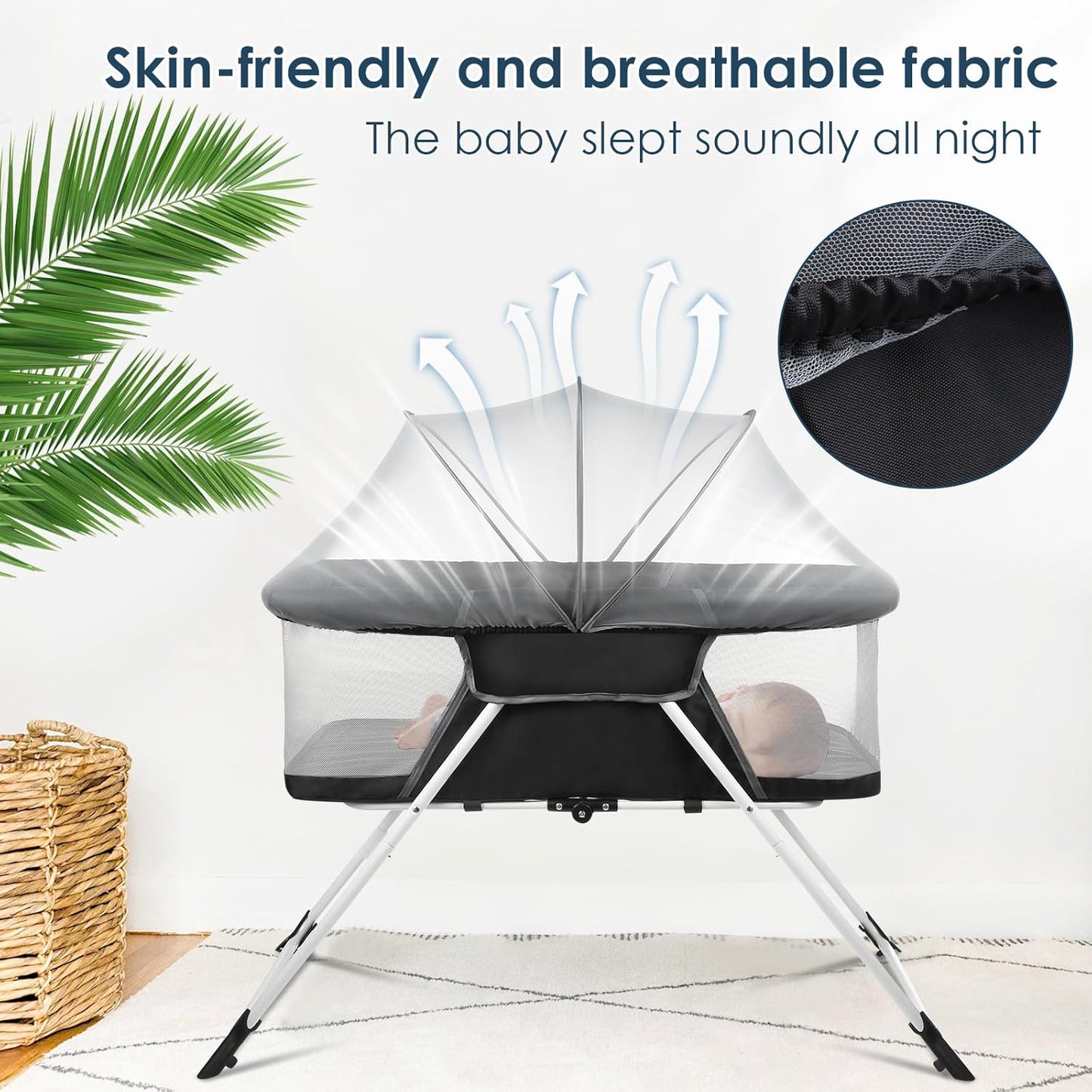 Portable Baby Playard - Foldable Baby Bassinet, Lightweight Playpen with Mosquito Net, 42.5 x 40.2 x 20.8 inches, Black