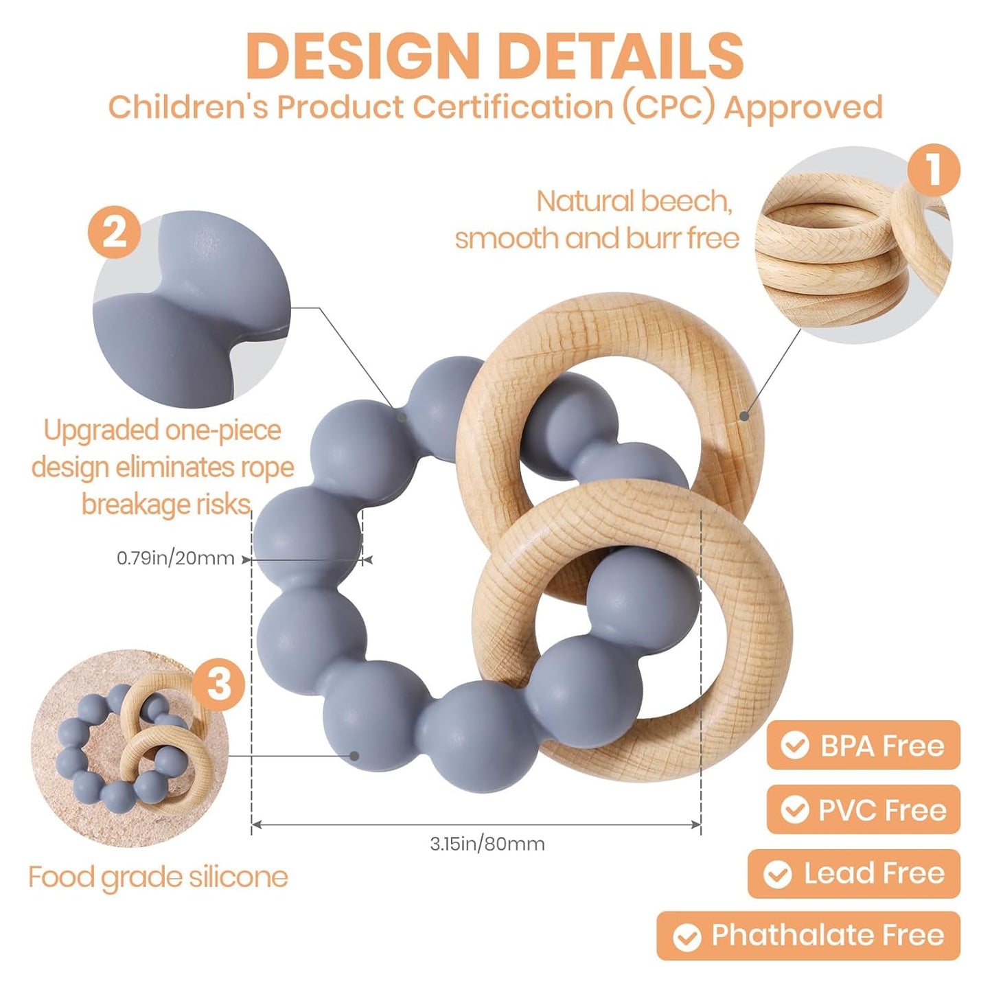 Socub Baby Teething Toys for 0-6 6-12 Months | BPA-Free Food-Grade Silicone & Natural Beech Wood Teether Ring for Newborn Infants Teething Relief | Easy-Grip Sensory Rattle Toys(Tradewinds)