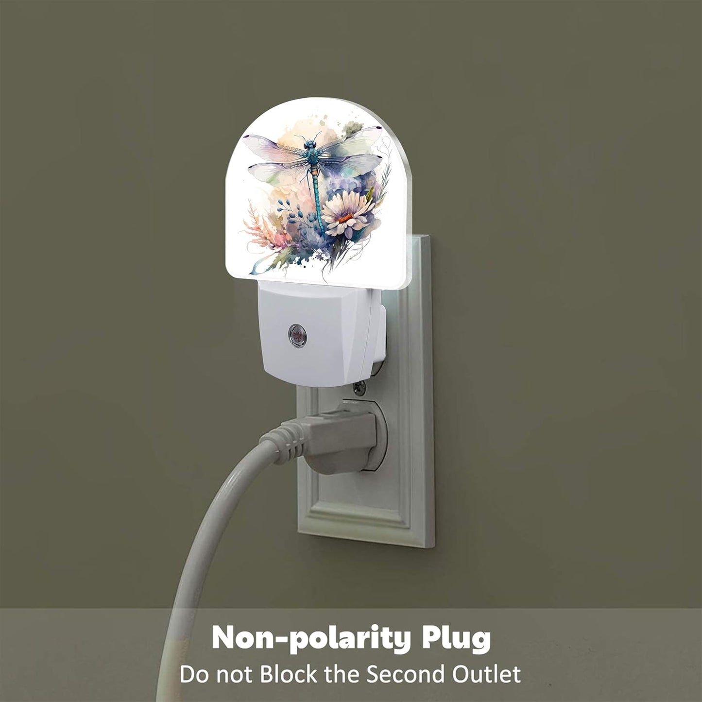 Watercolor Dragonfly Flowers Night Light, Vintage Insect Botanical Floral Leaves Dusk to Dawn Night Light Plug in,0.5w Energy Saving Sleep Friendly NightLight for Kids Boys Girls Home Decor