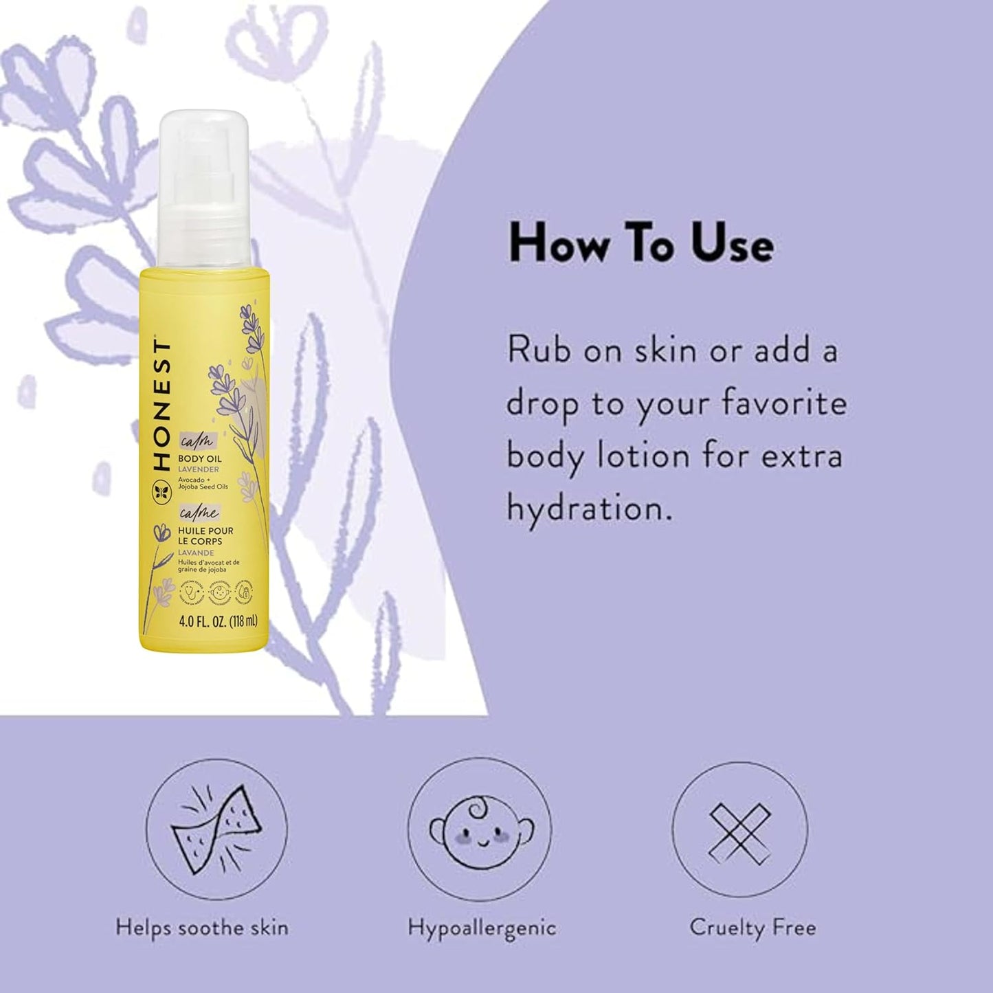 The Honest Company Lavender Infused Calming Body Oil Moisturize Nourish and Soothe Baby's Skin Plant-Based Hypoallergenic Vegan 4.0 fl oz