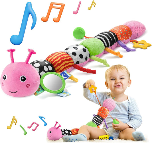 HEMRLY Baby Sensory Toy 0-6 Months, Musical Stuffed Caterpillar Plush with Teether, Crinkle, Rattle, Baby Mirror for Tummy Time, Infant Car Seat Toy for 0-3-6-12 Month Boys Girls Gifts - Knotted Pink