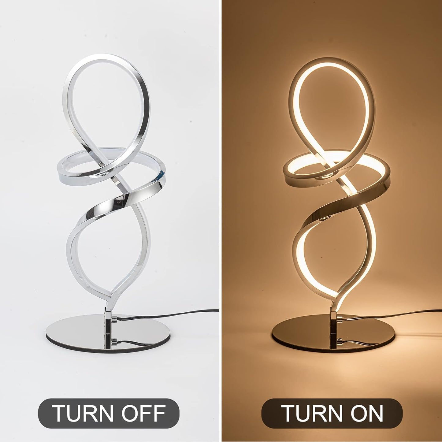 Mayful Modern Lamp with LED Spiral Design, Bedside Lamp with Stepless Dimming Switch, Contemporary Nightstand & Chrome Table Lamp for Bedroom, Living Room, Home Office, 12W 3200K Warm White,2 Pack