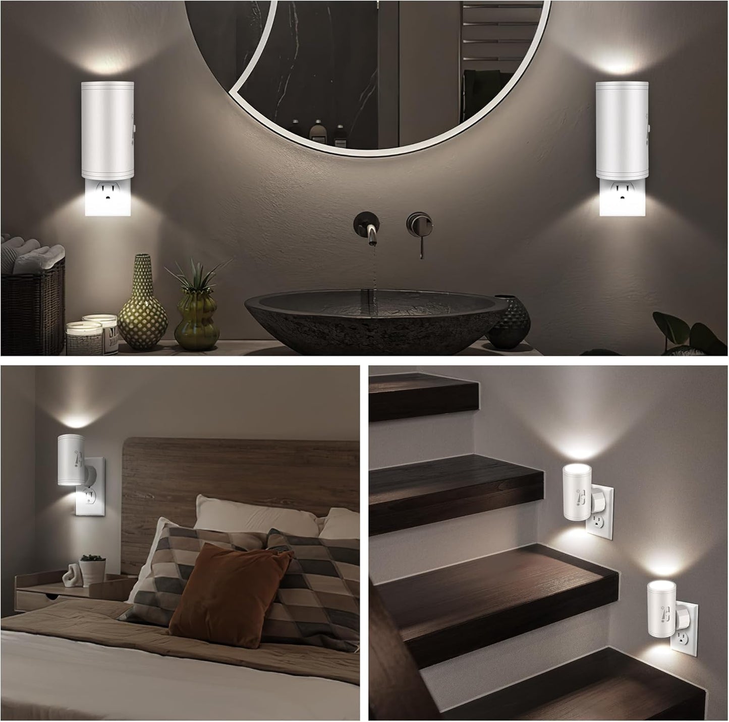 Dimmable LED Night Light Plug into Wall - Adjustable Rotating Lamp with Light Sensor, Auto On/Off from Dusk to Dawn for Bedroom, Hallway, Bathroom 2-Pack