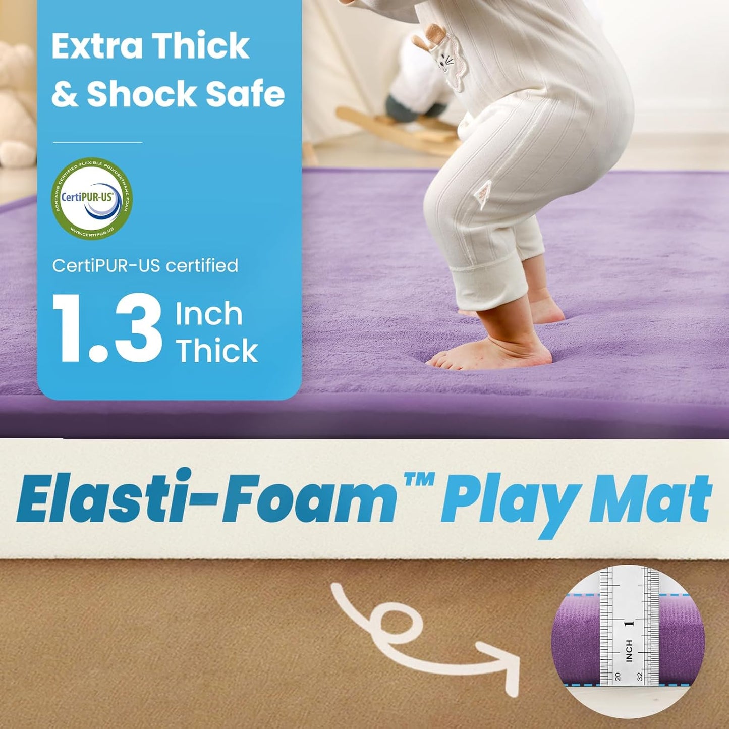 1.3" Thick Baby Play Mat for Floor Playpen, 71x79 Large Foam Tummy Time Mat, Padded Support Soft Plush Nursery Rug for Infant Kids Toddler Crawling Kick Activity (Lavender)