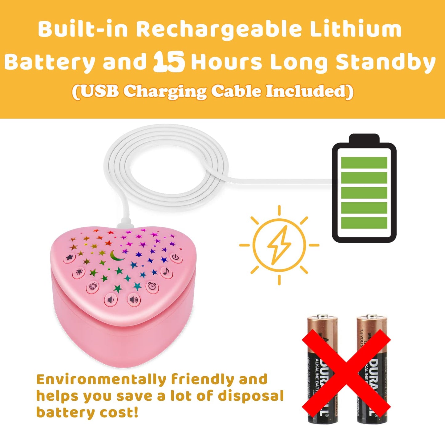 A13 White Noise Machine & Baby Sleep Soother with 15 Soothing Sounds & Projector LED Star Night Light, Cry Sensor, Rechargeable Lithium Battery, Portable for Baby Gifts, Children, Toddlers (Pink)