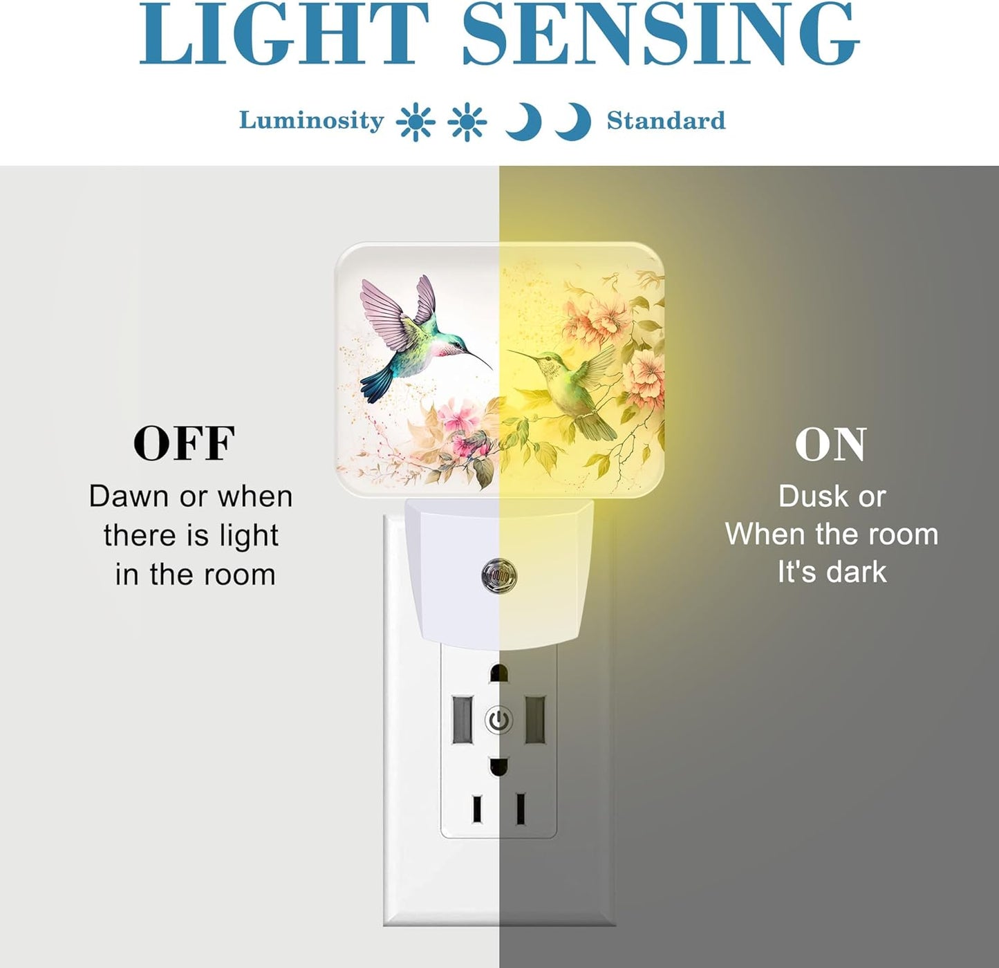 Watercolor Hummingbird Night Light, Pink Flowers Leaves Nightlight Plug into Wall with Dusk to Dawn Sensor for Kid Girls Boys Women Men Bedroom, Hallway, Kitchen, Bathroom, Stairs Decor