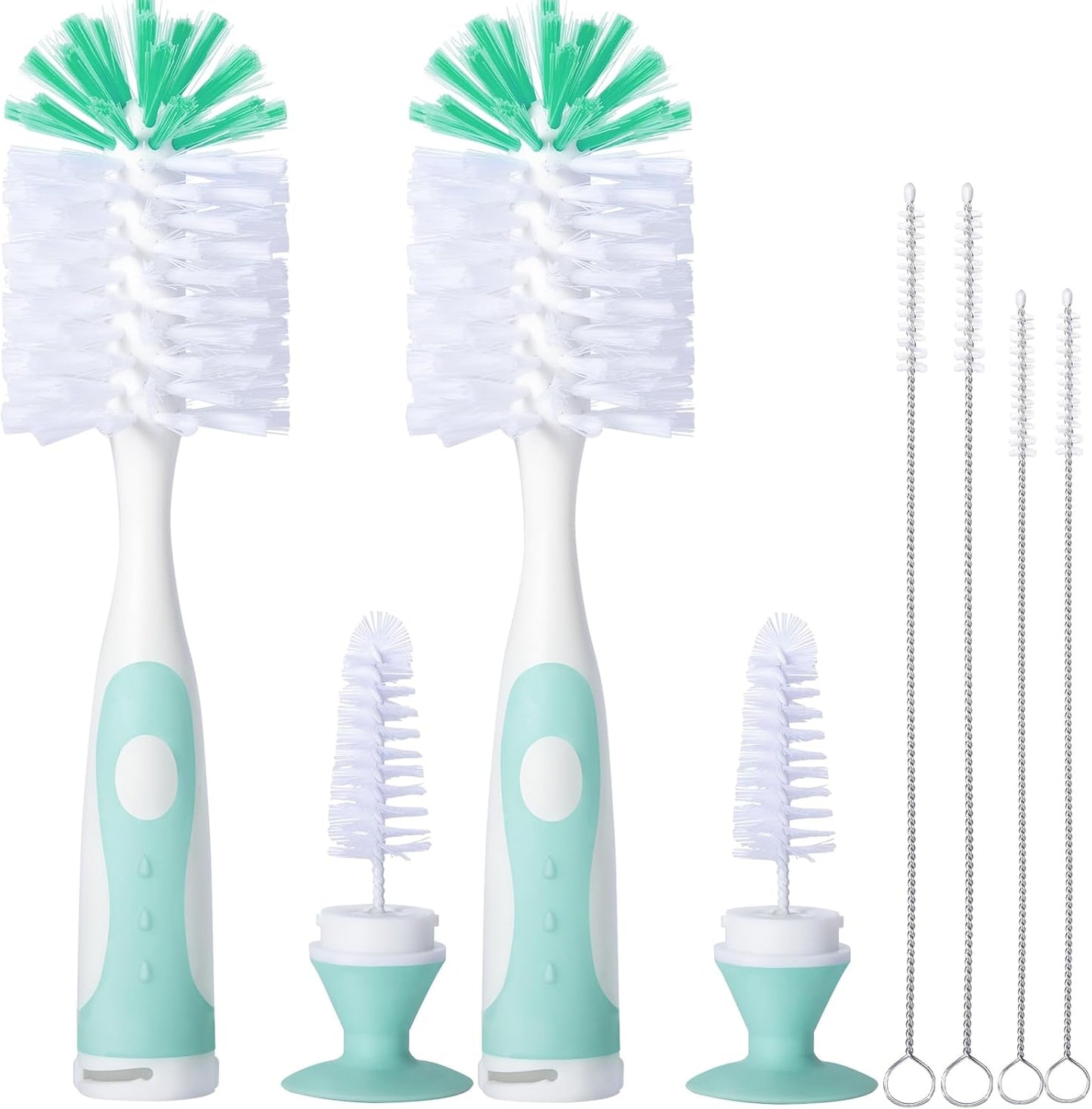 2 Pack Baby Bottle Brush with 4 Pack Straw Brushes, 10.2" Nylon Brushe with Nipple Cleaner and Stand Suction Cup, Green