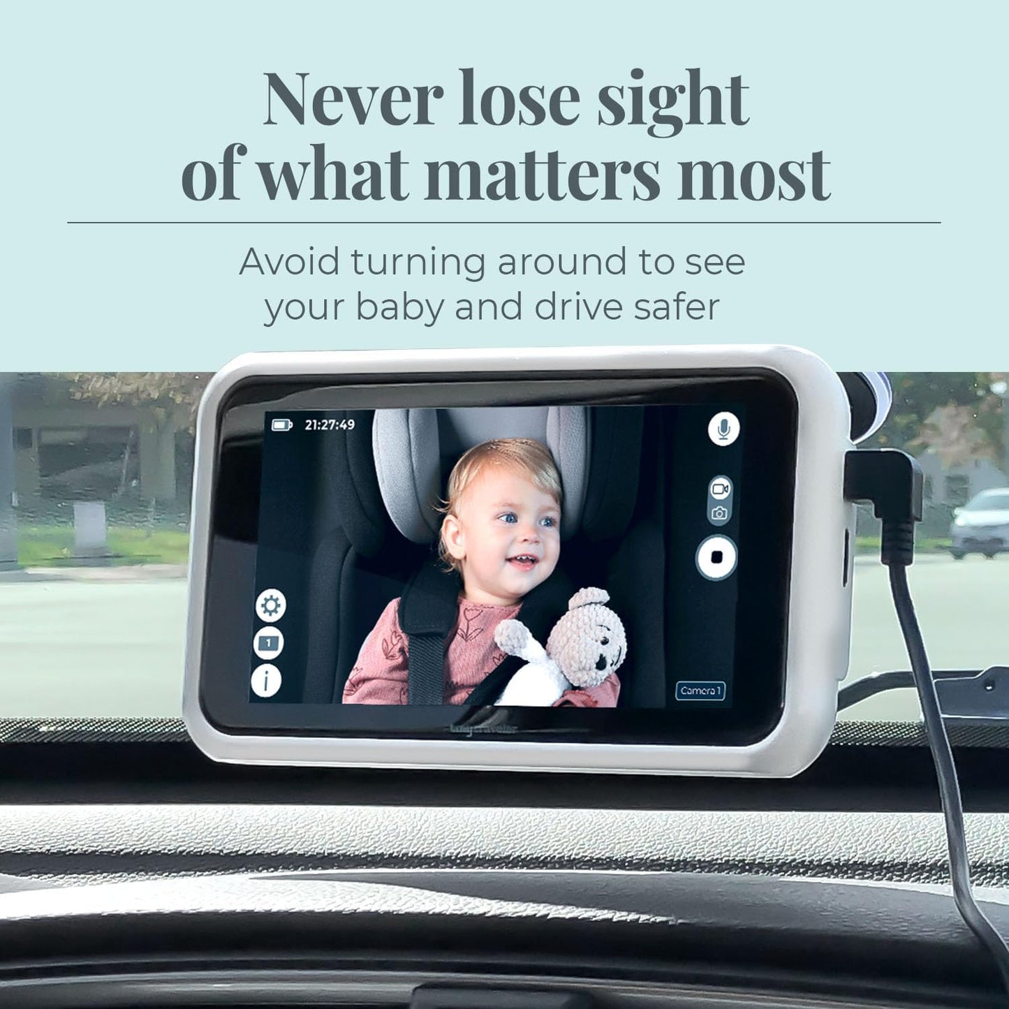 Tiny Traveler Baby Monitor Portable Baby Car Camera with Add-On Camera & Travel Kit, Night Vision HD 720p 5" Touchscreen, Battery Powered, Split-Screen, Travel Pouch Included - White