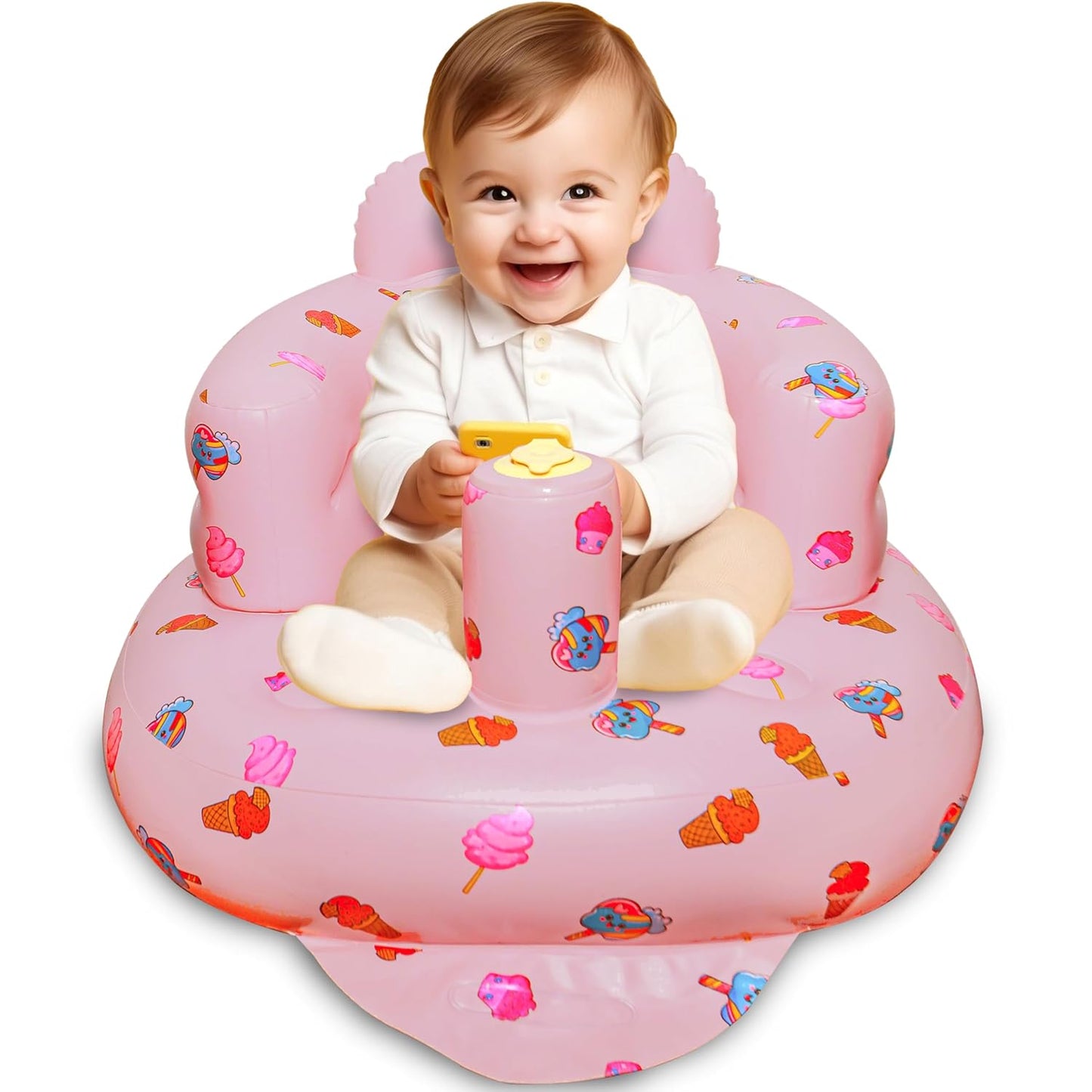 Inflatable Baby Seat for Babies 3-36 Months Blow Up Chair for Babies Infants Toddler Floor Sitting Up with Built in Air Pump (Pink, Ice Cream)