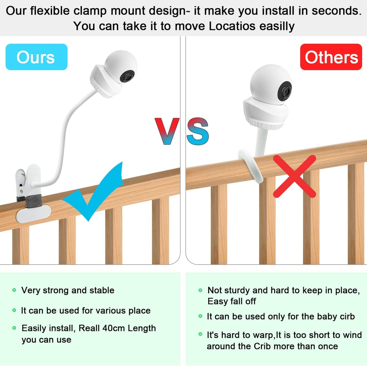 Baby Monitor Mount Compatible with Babysense HD S2/ V43 Monitor and Other Baby Monitor with 1/4 Threaded Hole 15.7 inches Flexible Clip Clamp Mount Long Gooseneck Arm