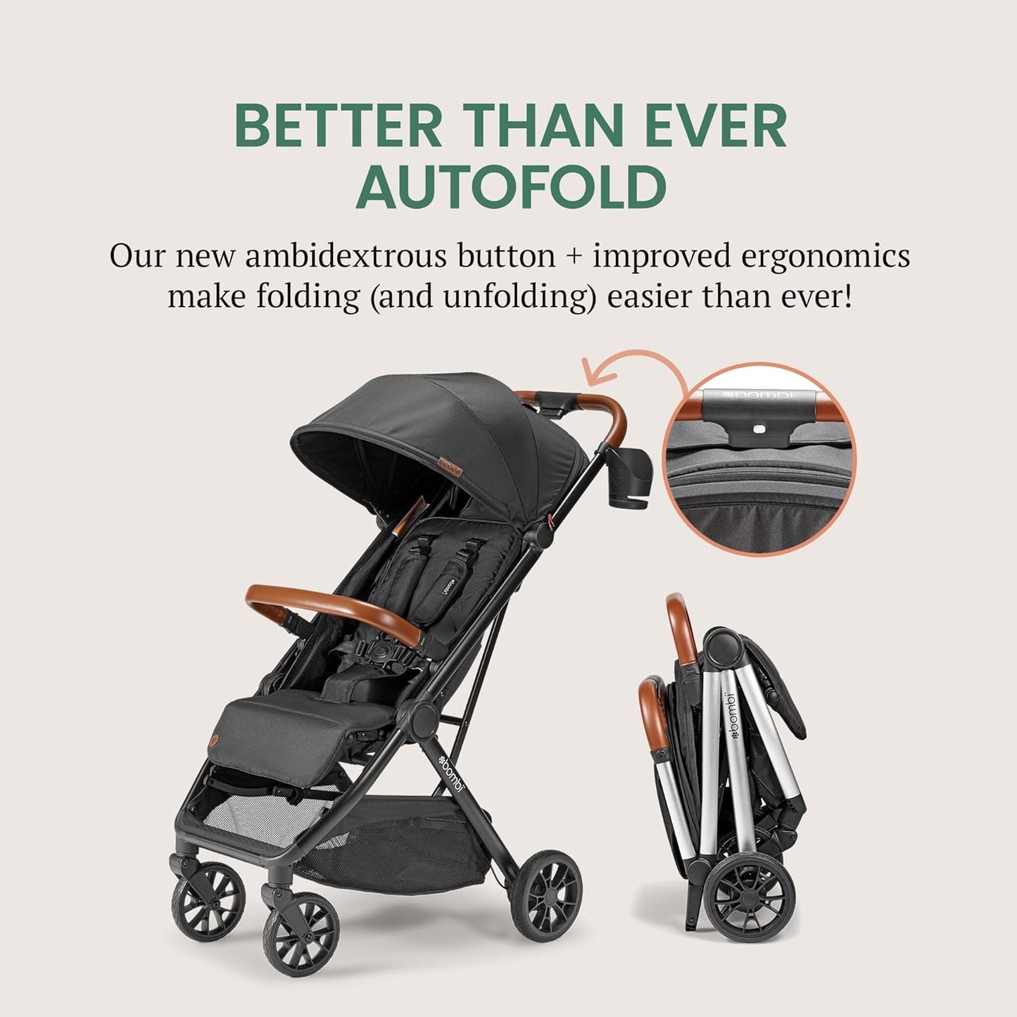 Bombi Bēbee V2 Lightweight Baby Stroller - Premium Vegan Leather, One-Hand Fold, Infinite Recline, Aircraft-Grade Aluminum Frame, XXL Canopy, and Ample Storage Umbrella Stroller - Hickory