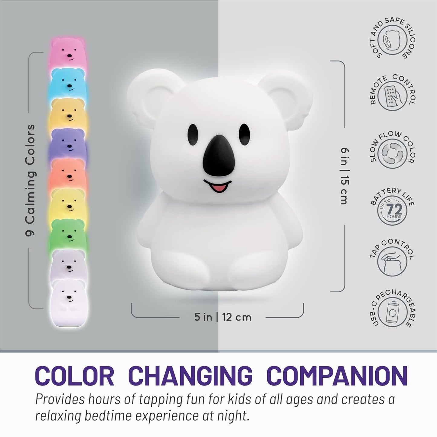LumiPets Keith the Koala Squishy Night Light for Kids | Silicone Lamp with Tap & Remote Control | Rechargeable, 9 Color Changing Animal Night Light for Boys & Girls | Portable Nightlight With USB Cord