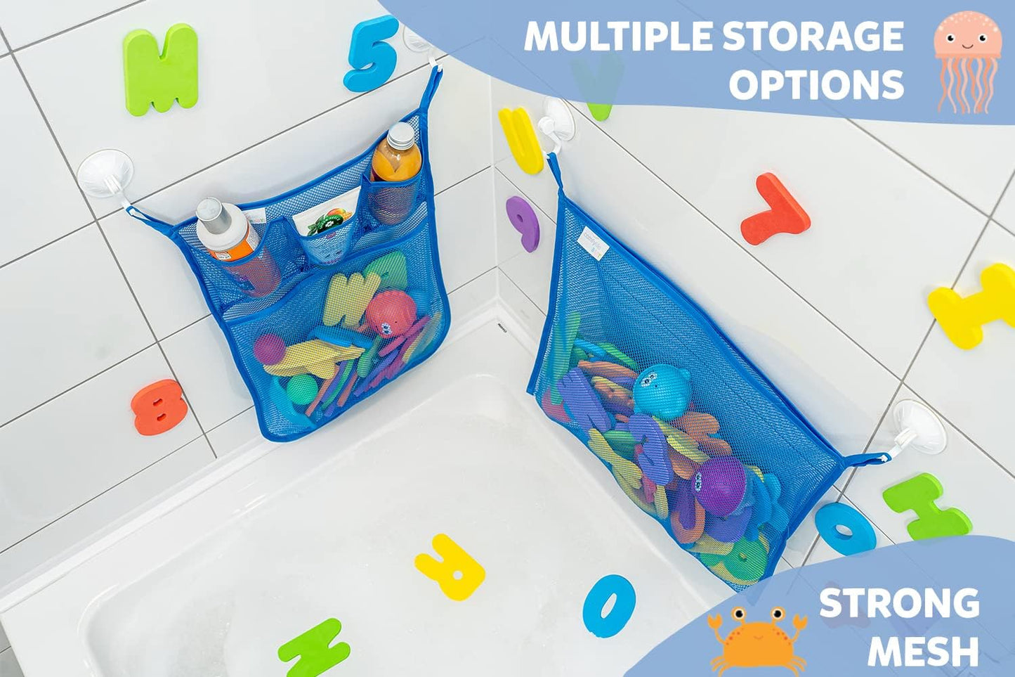 2 x Mesh Bath Toy Organizer + 6 Ultra Strong Hooks – The Perfect Bathtub Toy Holder & Bathroom or Shower Caddy – These Multi-use Net Bags Make Baby Bath Toy Storage Easy – For Kids & Toddlers