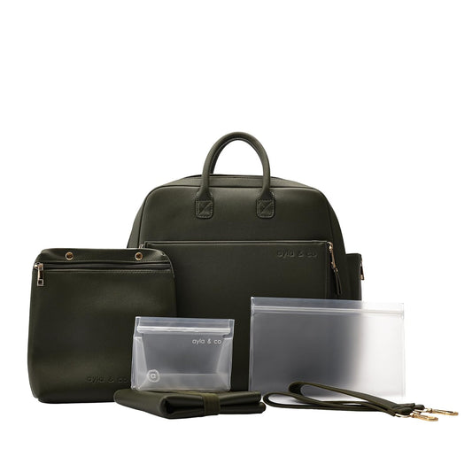 Ayla & Co Full-Size Diaper Bag Backpack, Baby Essentials Cross-Body Changing Bag for Baby Girl/Boy Convertible Straps Portable Tote Bag, Baby Changing Pad, Insulated Pockets & Pouch, Olive