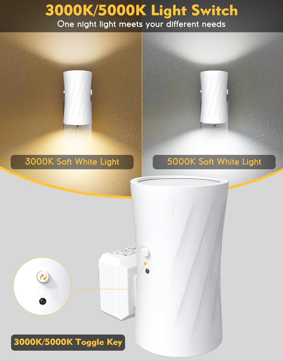 Night Lights Plug into Wall, LED Plug in Night Light, 3000K/5000K Switch, Dusk to Dawn Light Sensor, 0-100LM Adjustable Brightness Wall Light, Modern Night Light for Hallway Bedroom Stairway, 2 Pack