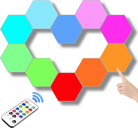 ODISTAR Remote Control Hexagon Wall Light,Smart Wall-Mounted Touch-Sensitive DIY Geometric Modular Assembled RGB led Colorful Light with USB-Power,Used in Bedroom (10-Pack)